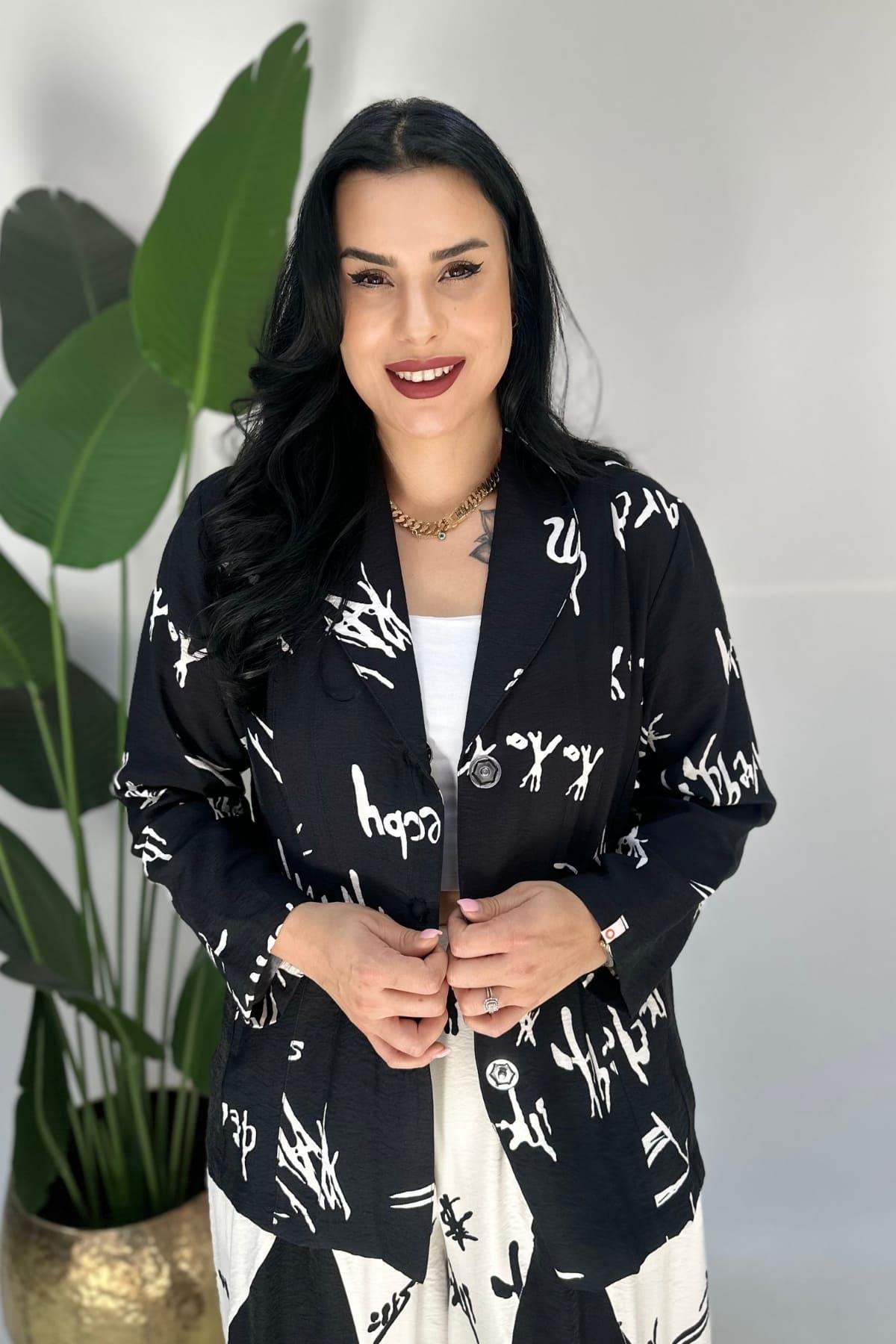 DESENLİ KETEN ÇITÇITLI BÜYÜK BEDEN BLAZER 