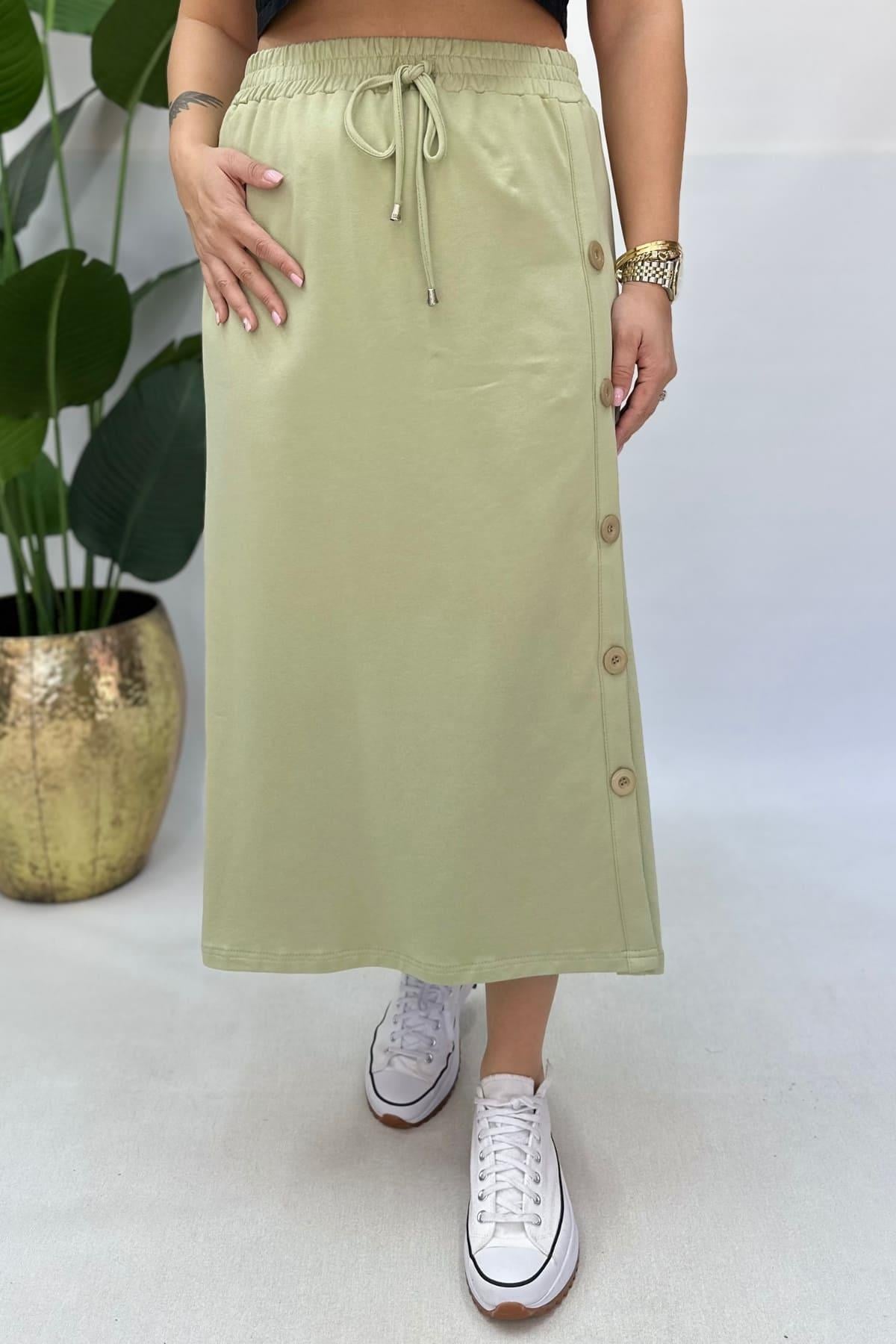 DÜĞMELİ PAMUKLU ETEK - YEŞİL