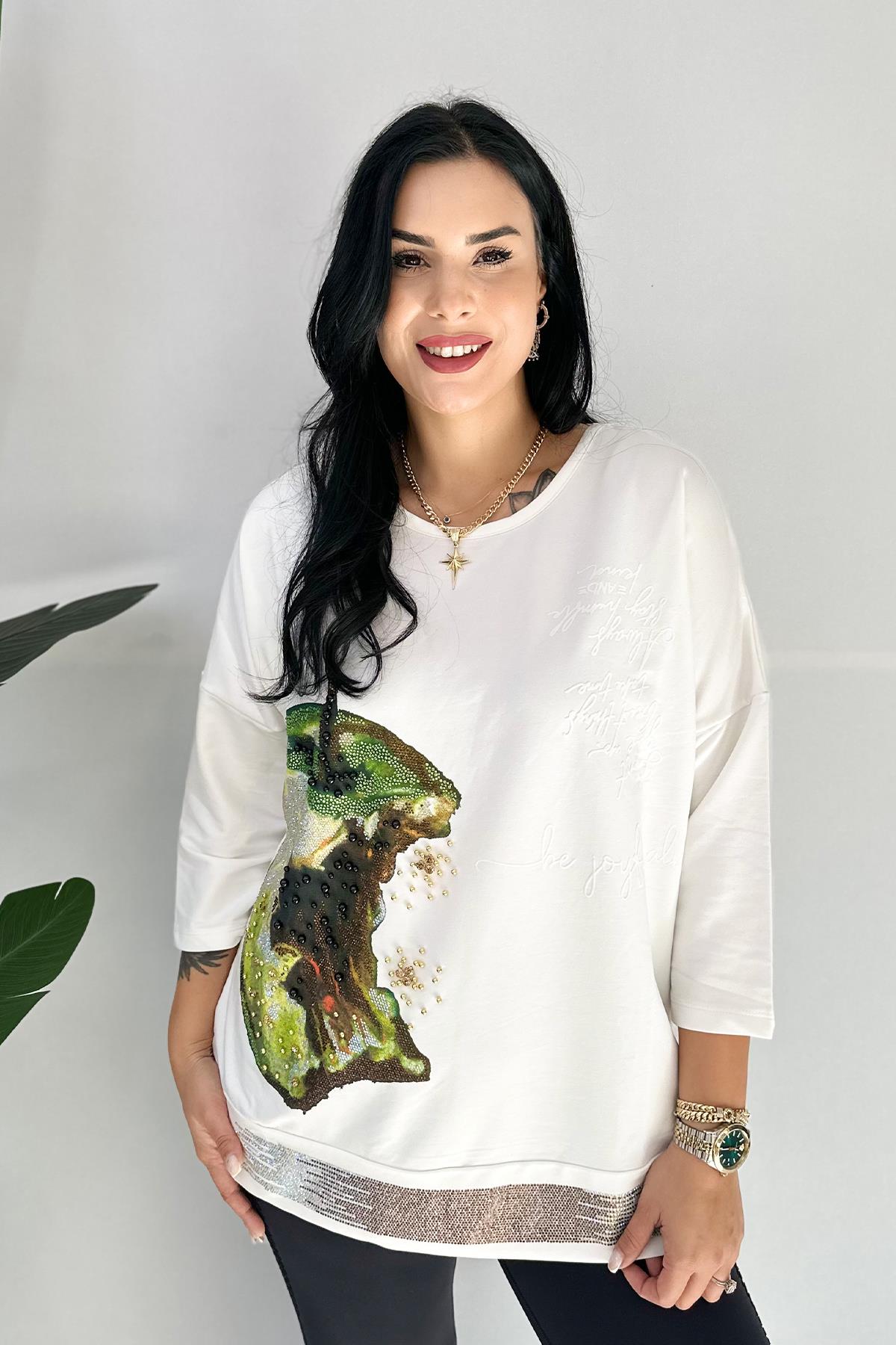 Elma Baskılı Büyük Beden Sweatshşrt - Beyaz