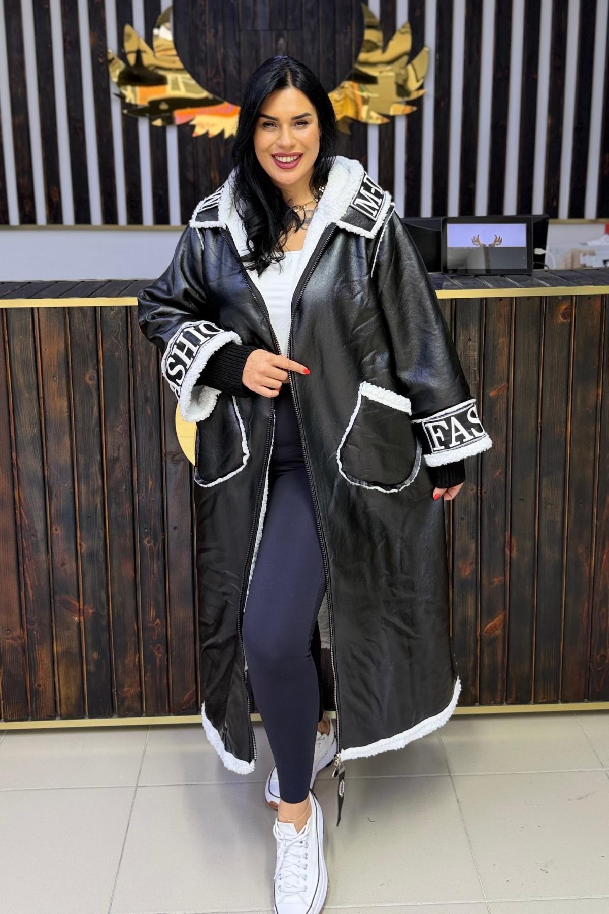 FASHION TASARIM İÇİ KÜRKLÜ UZUN BÜYÜK BEDEN MONT