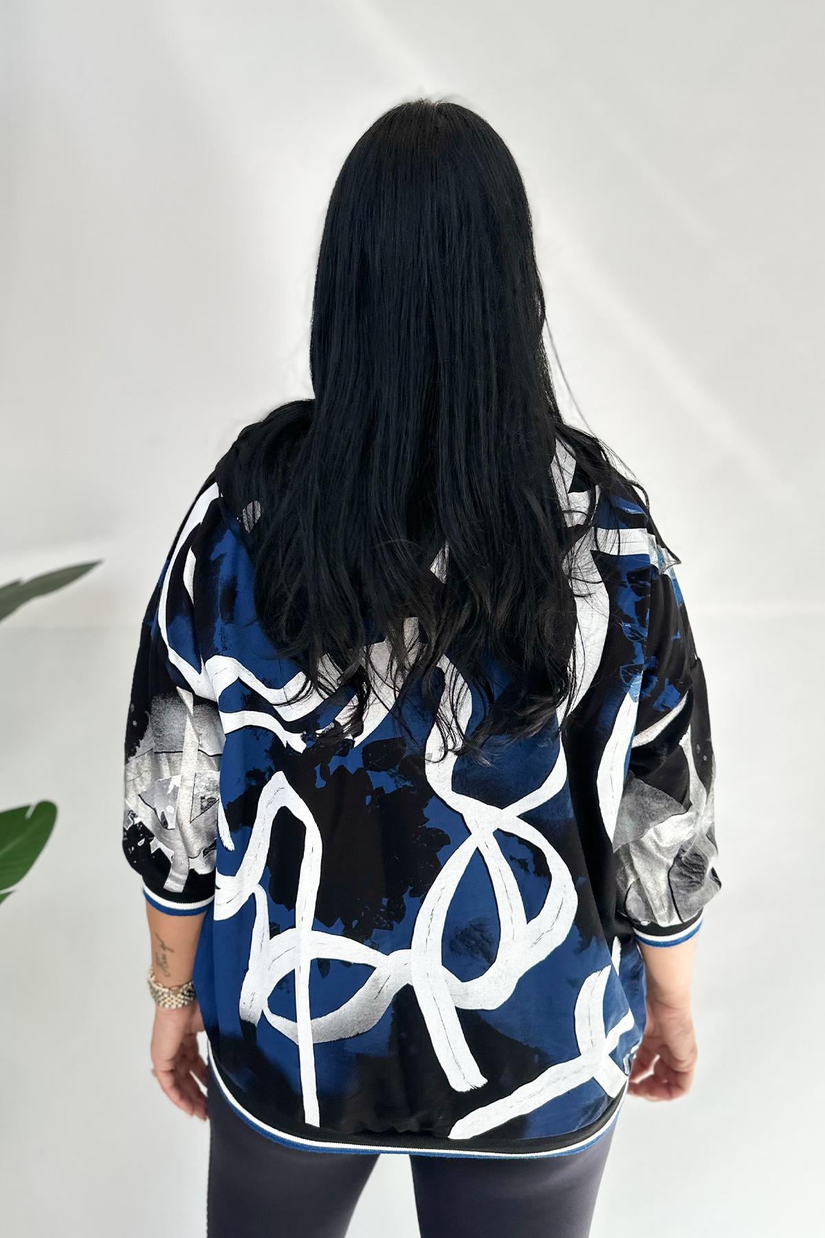 Fermuarlı Taşlı Baskılı Büyük Beden Sweatshirt - Mavi