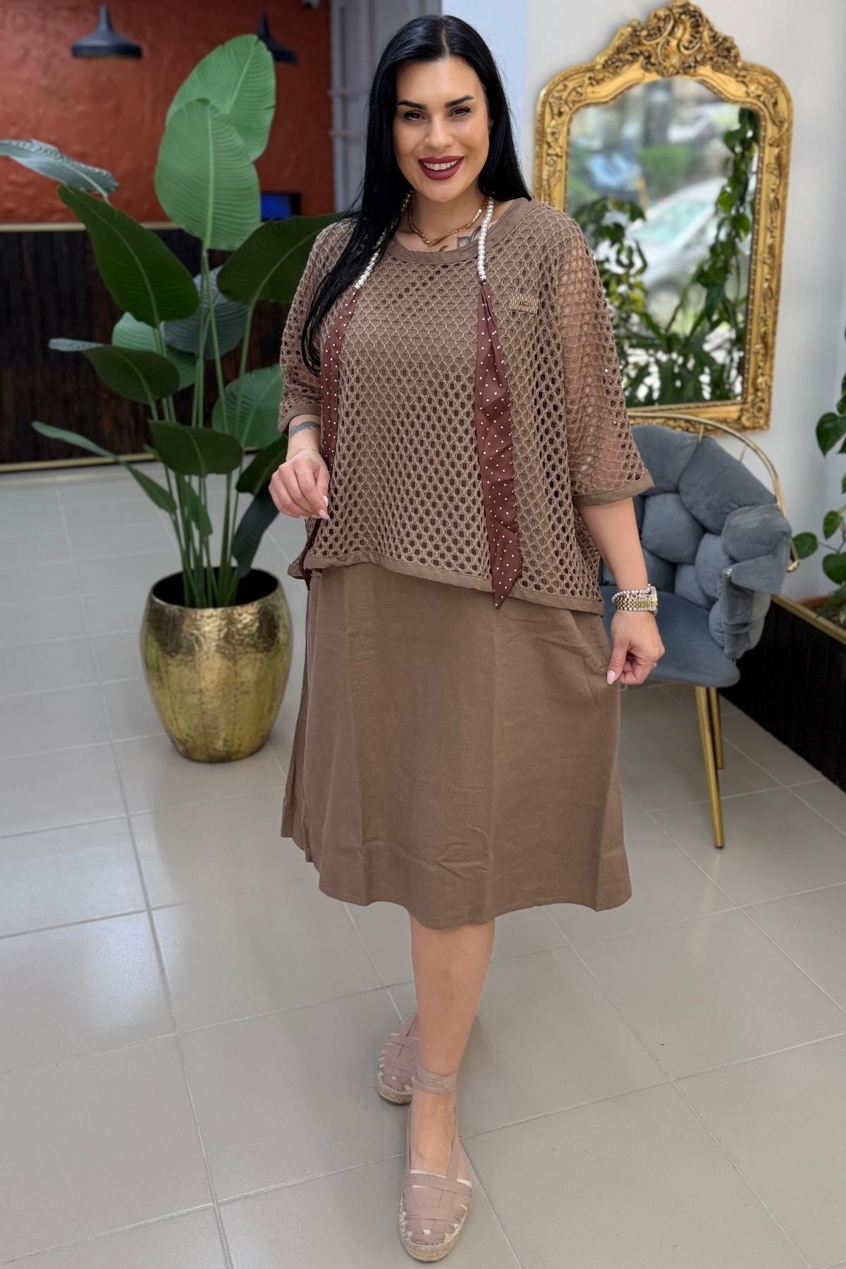 FİLE BLUZLU KETEN TASARIM BÜYÜK BEDEN ELBİSE