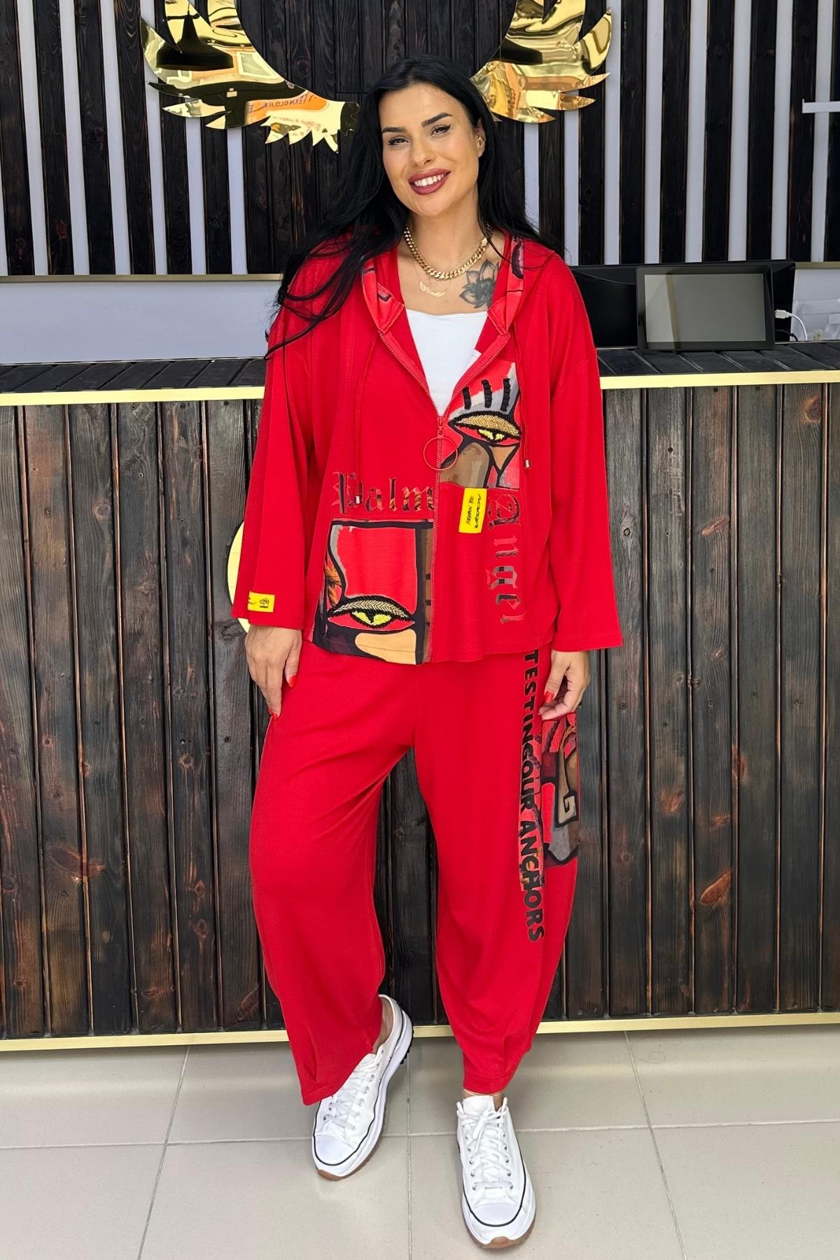 GÖZ DETAYLI BÜYÜK BEDEN KIRMIZI TAKIM