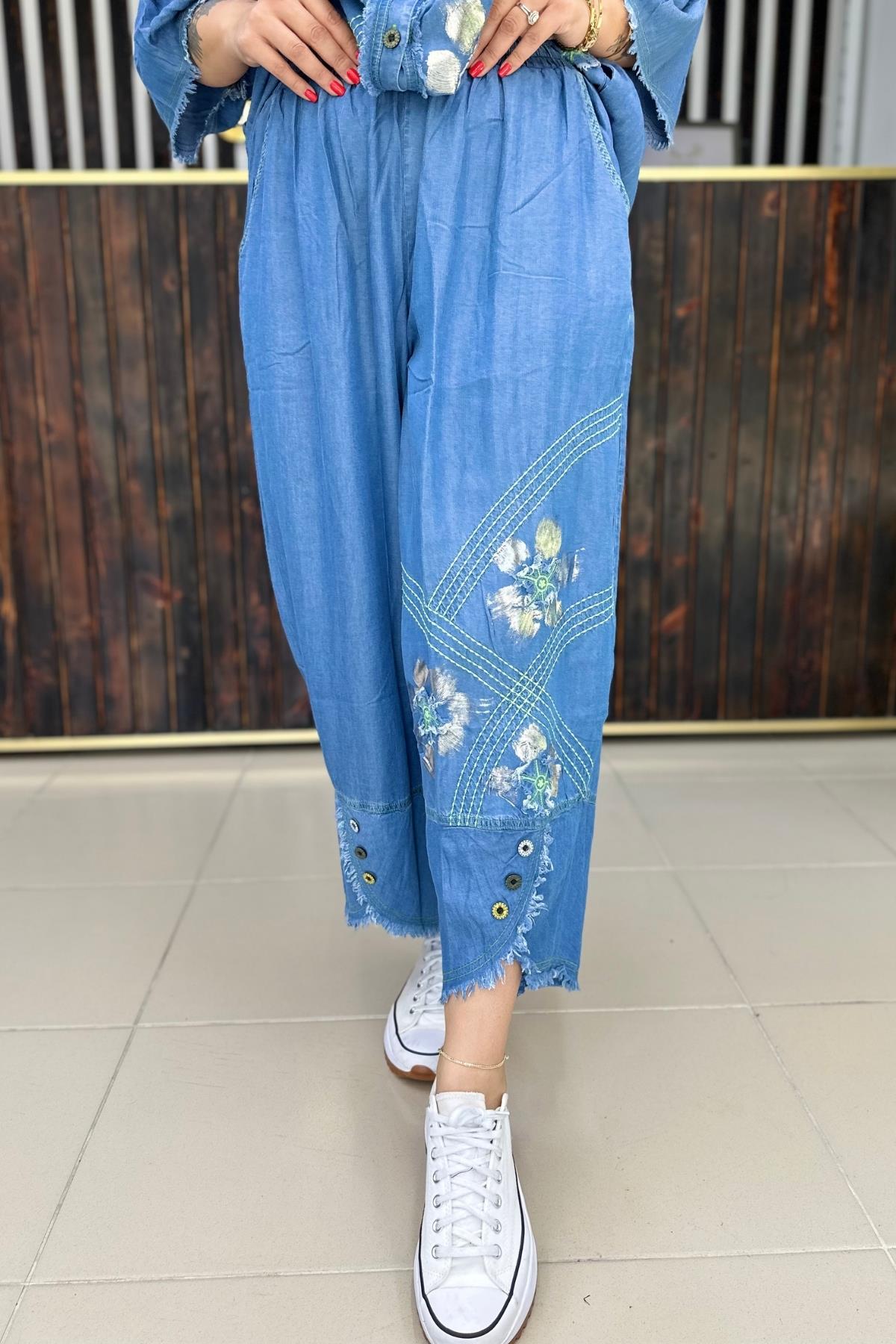 GÜMÜŞ NAKIŞLI İNCE KOT PANTALON  BÜYÜK BEDEN