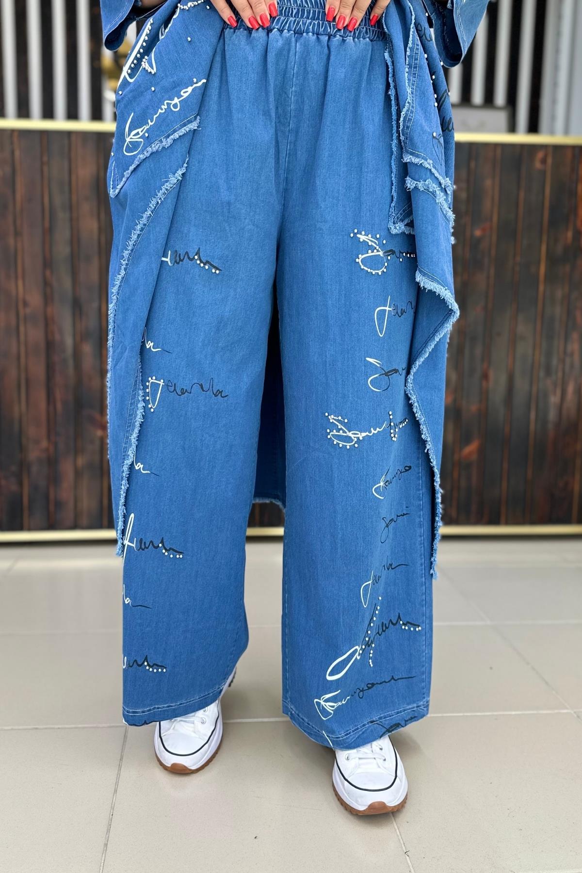 İNCE KOT TASARIM PANTALON MAVİ  BÜYÜK BEDEN