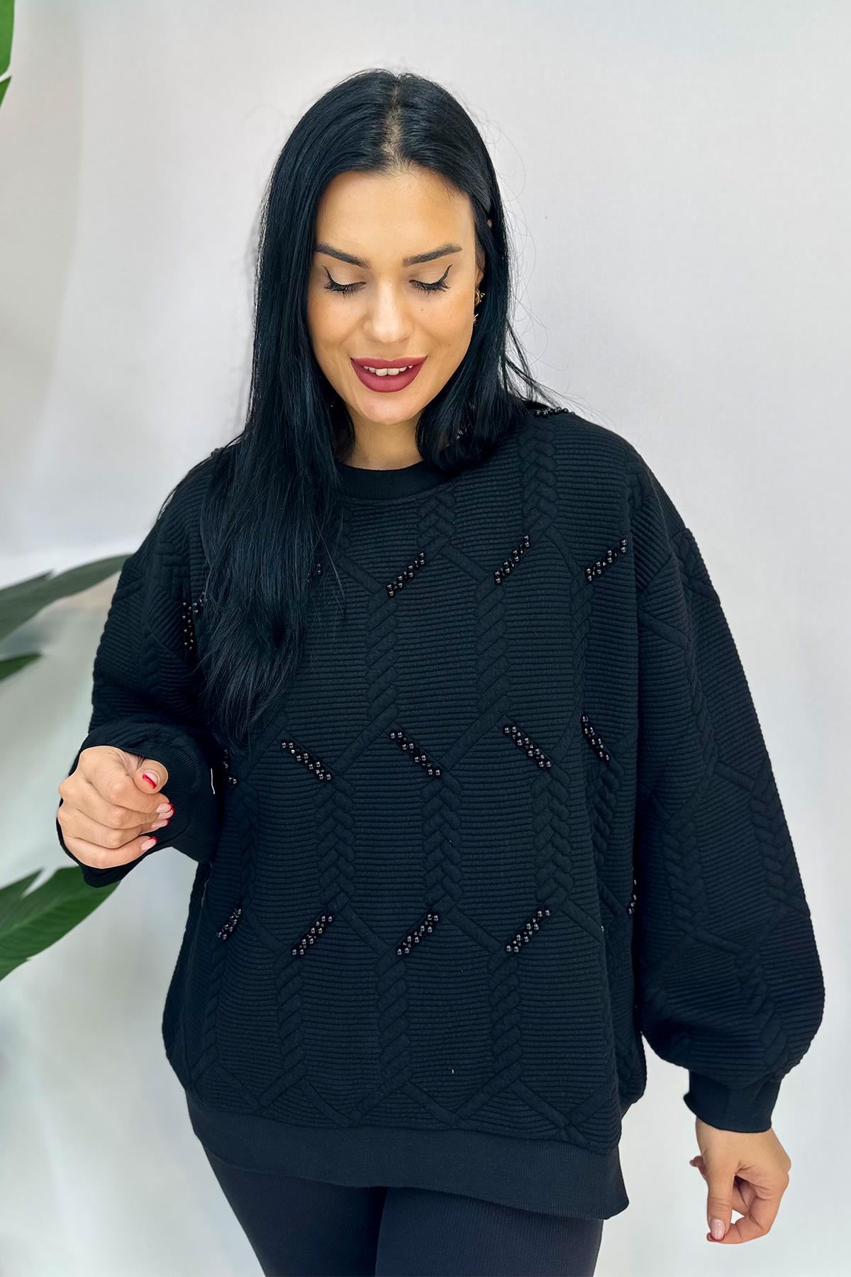 İnci Detaylı Baskılı Büyük beden Sweatshirt - Siyah