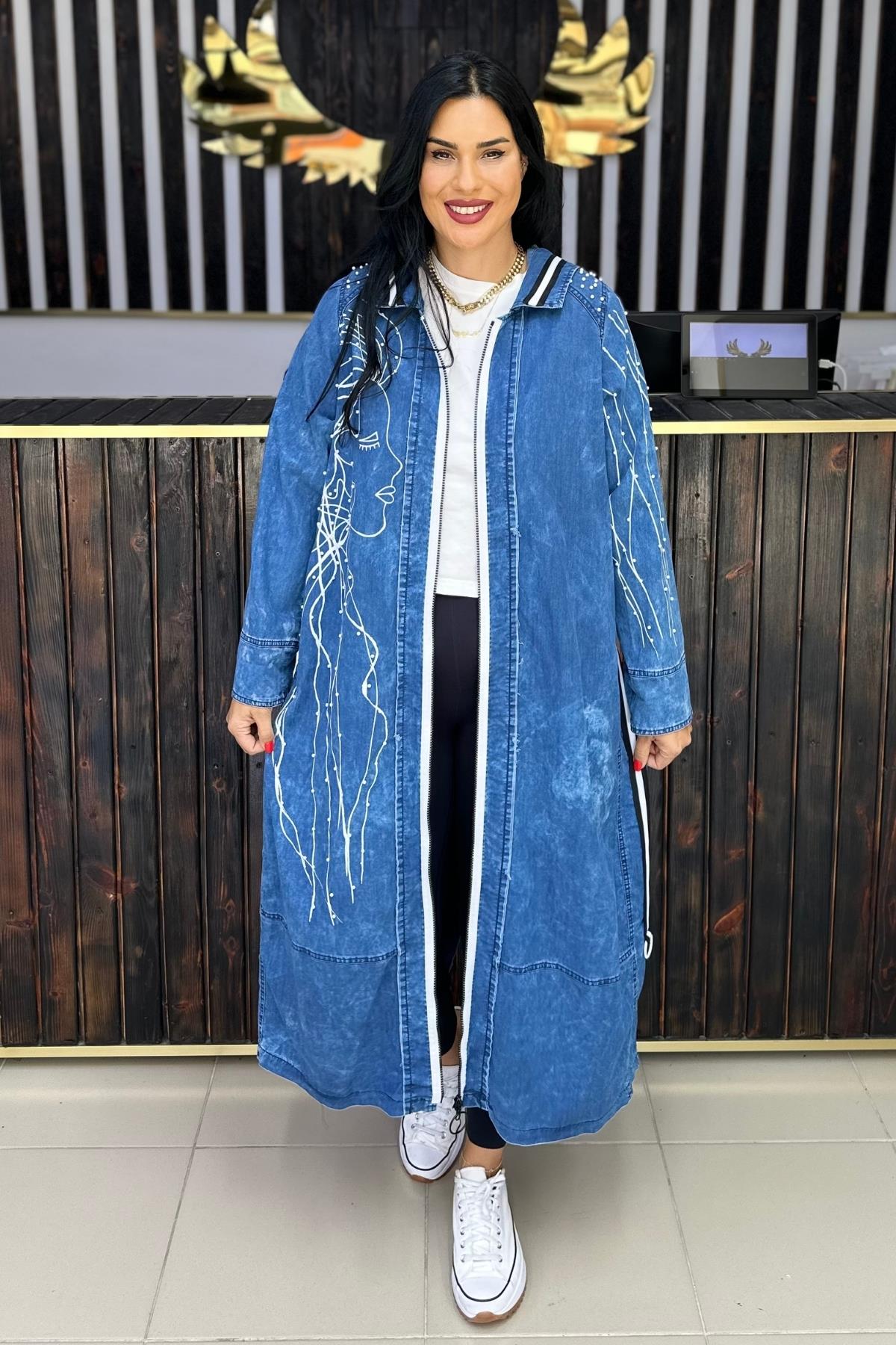 İNCİLİ İNCE JEAN TRENCH  BÜYÜK BEDEN