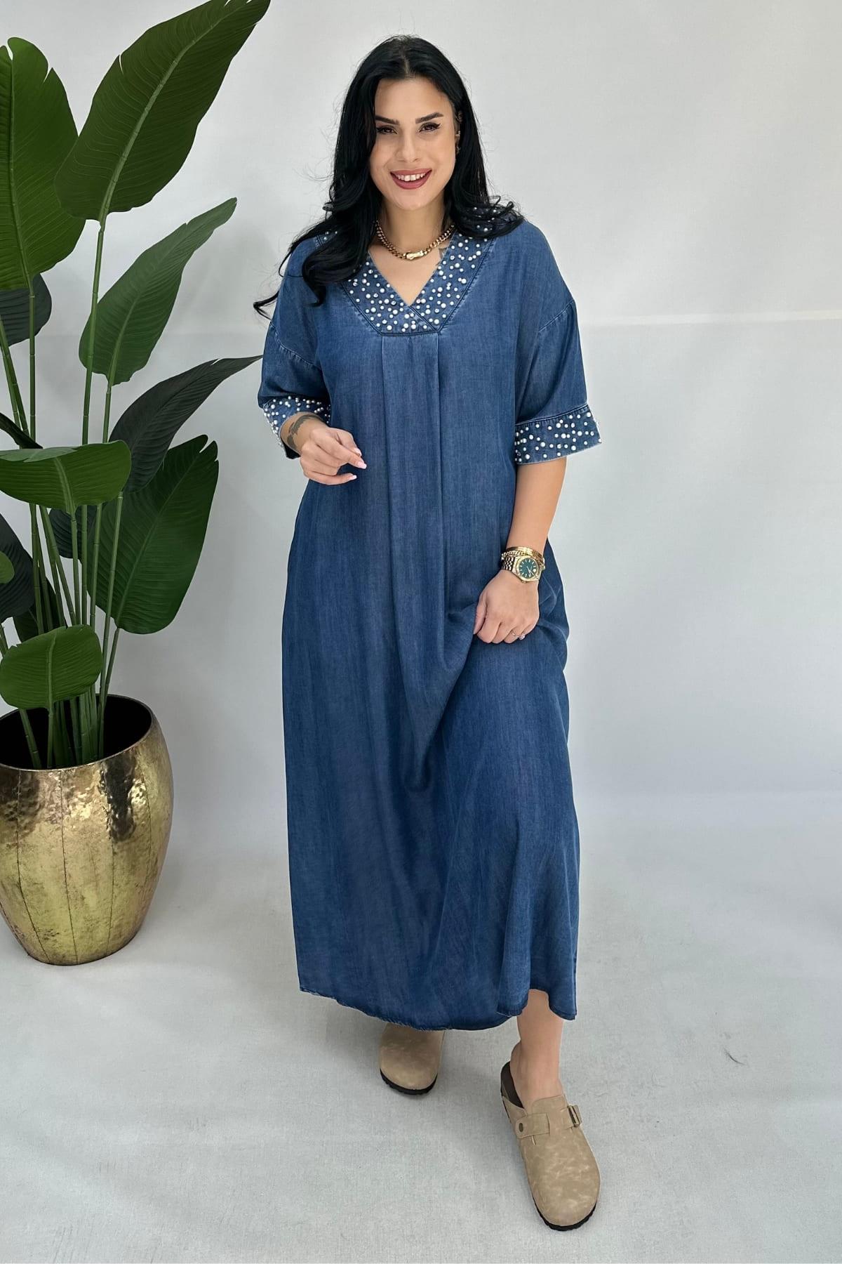 İNCİLİ KOT ELBİSE 