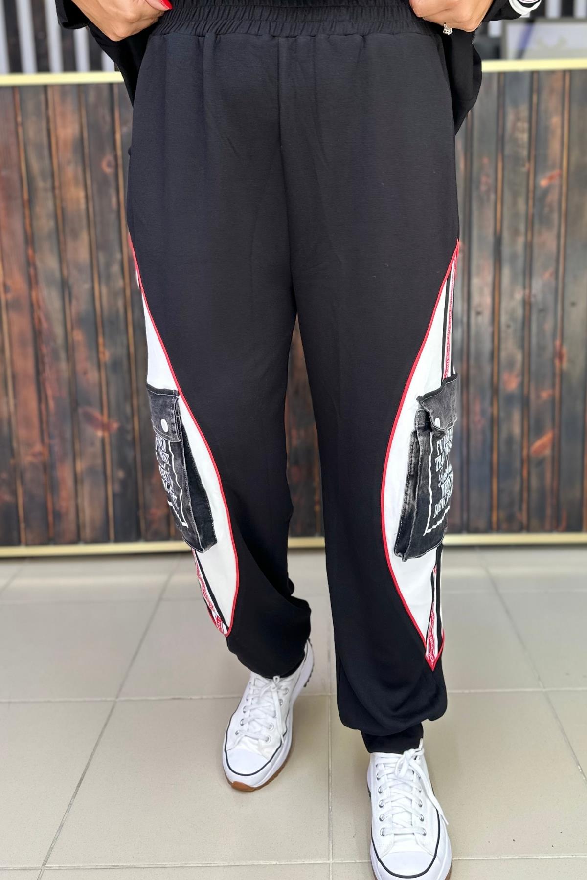 JEAN  DETAYLI KIRMIZI ŞERİTLİ PAMUKLU PANTOLON BÜYÜK BEDEN