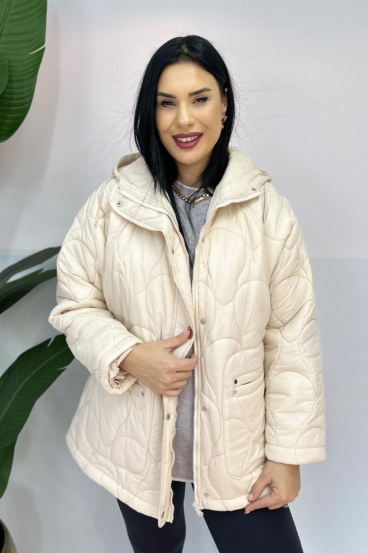 Jump Model Kapitone Büyük Beden Mont - Krem