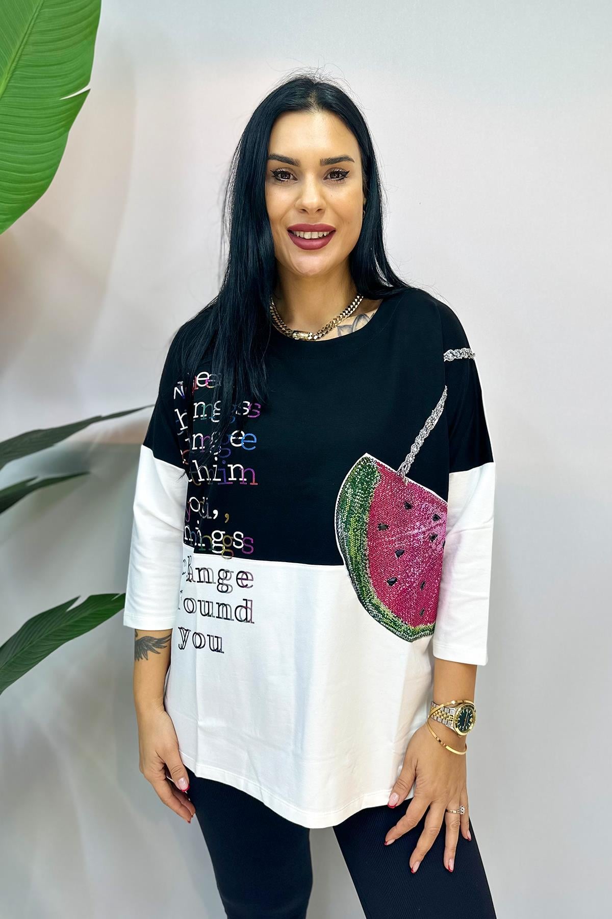 Karpuz Baskılı Büyük Beden Sweatshirt - Beyaz
