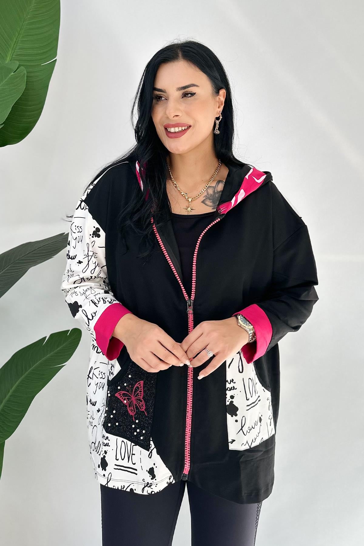 Kelebek Baskılı Büyük Beden Sweatshirt - Pembe