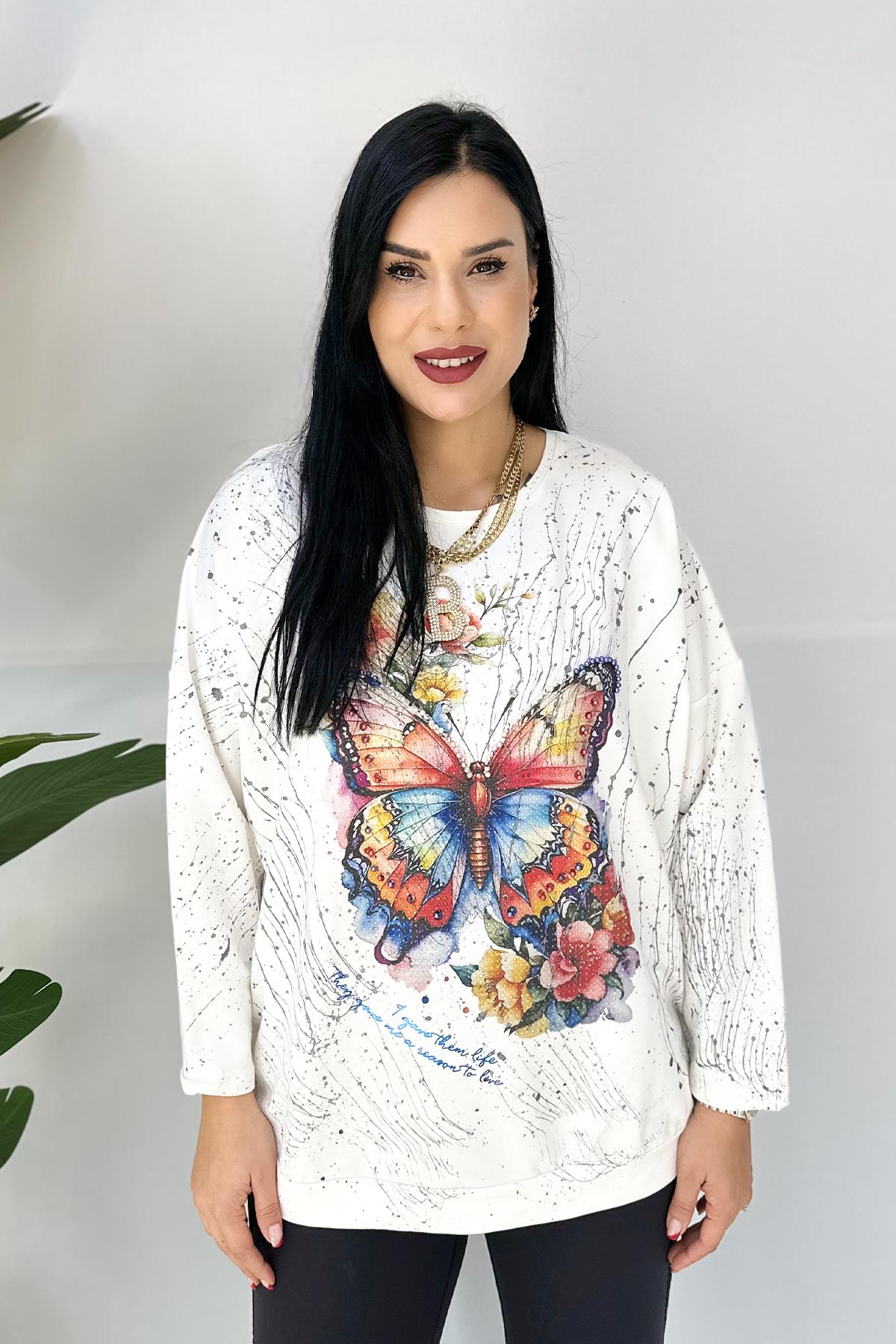 Kelebek Baskılı Büyük Beden Sweatshirt - Beyaz