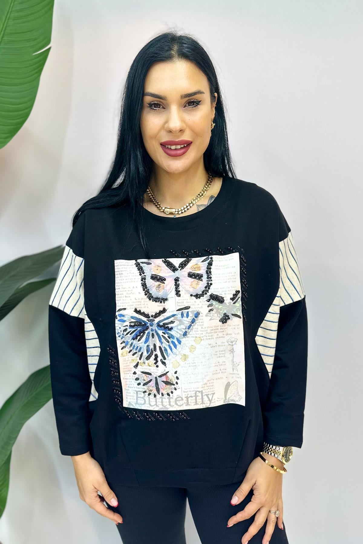 Kelebek Baskılı Taşlı Büyük Beden Sweatshirt - Siyah