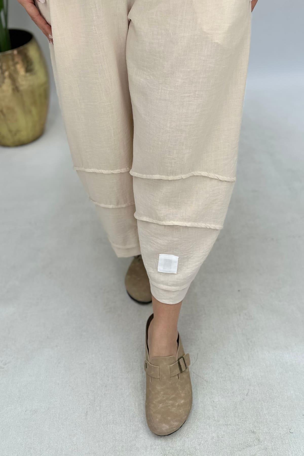 KETEN PANTOLON PAÇA BEYAZ BLOKLU BÜYÜK BEDEN