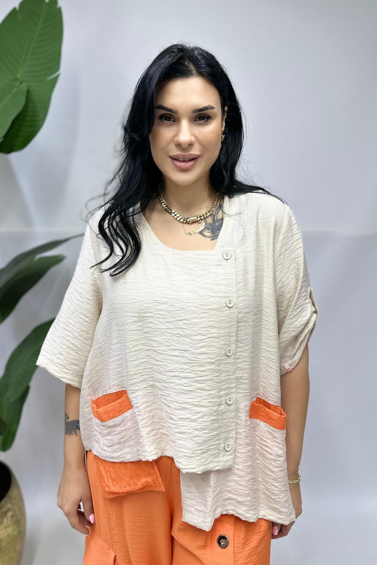 keten turuncu bloklu bluz