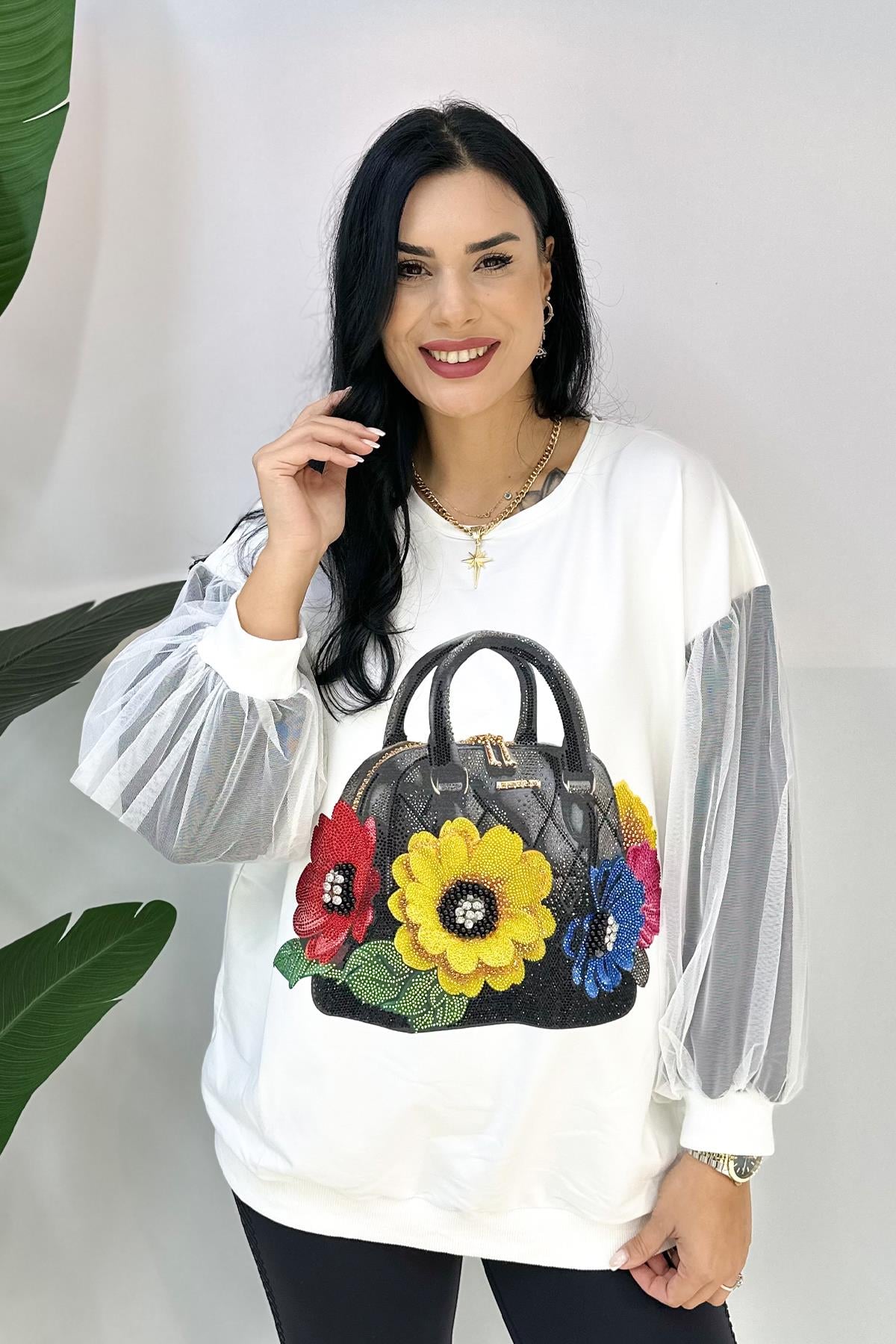 Kol Detaylı Baskılı Büyük Beden Sweatshirt - Beyaz