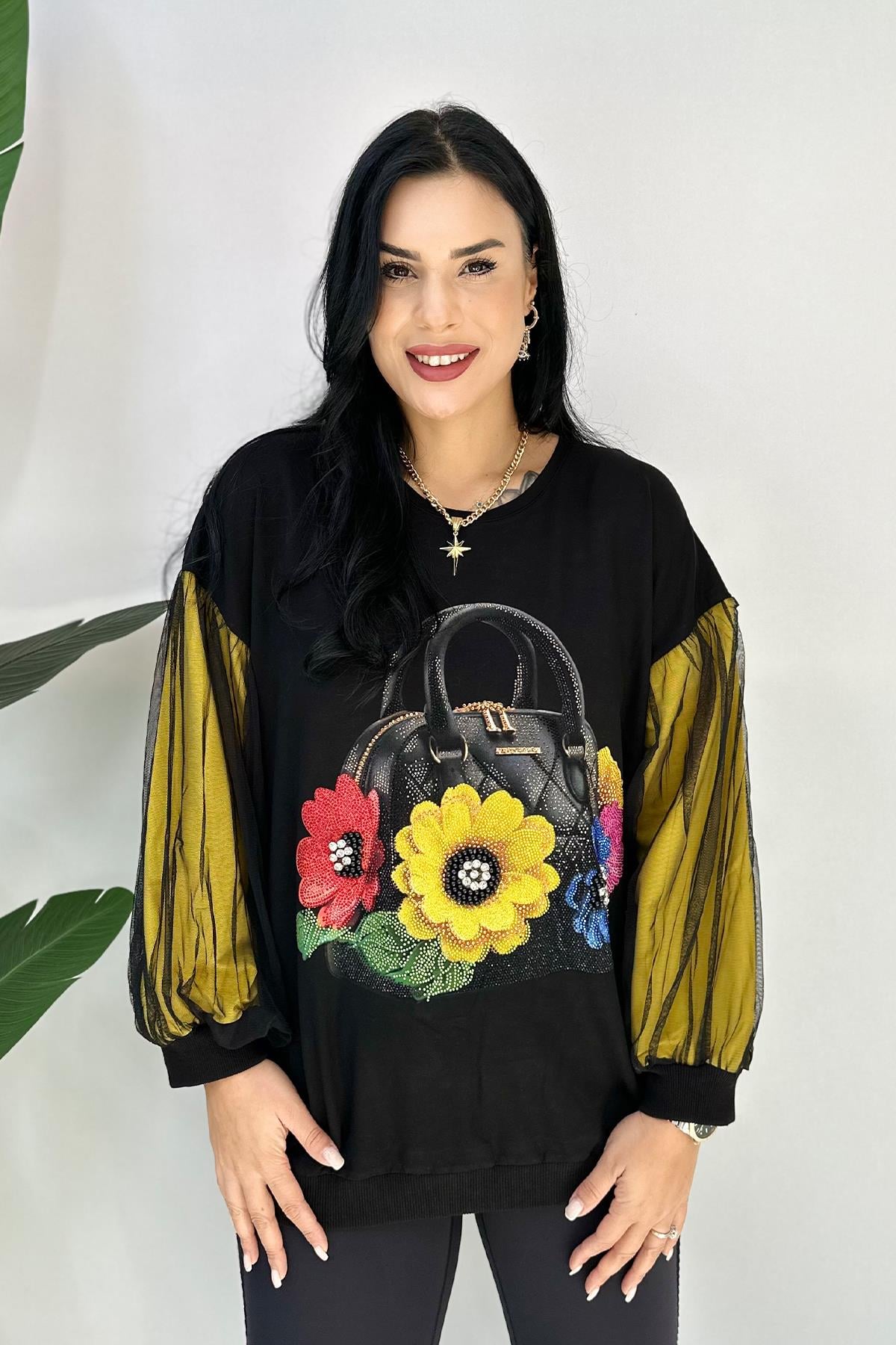 Kol Detaylı Baskılı Büyük Beden Sweatshirt - Siyah