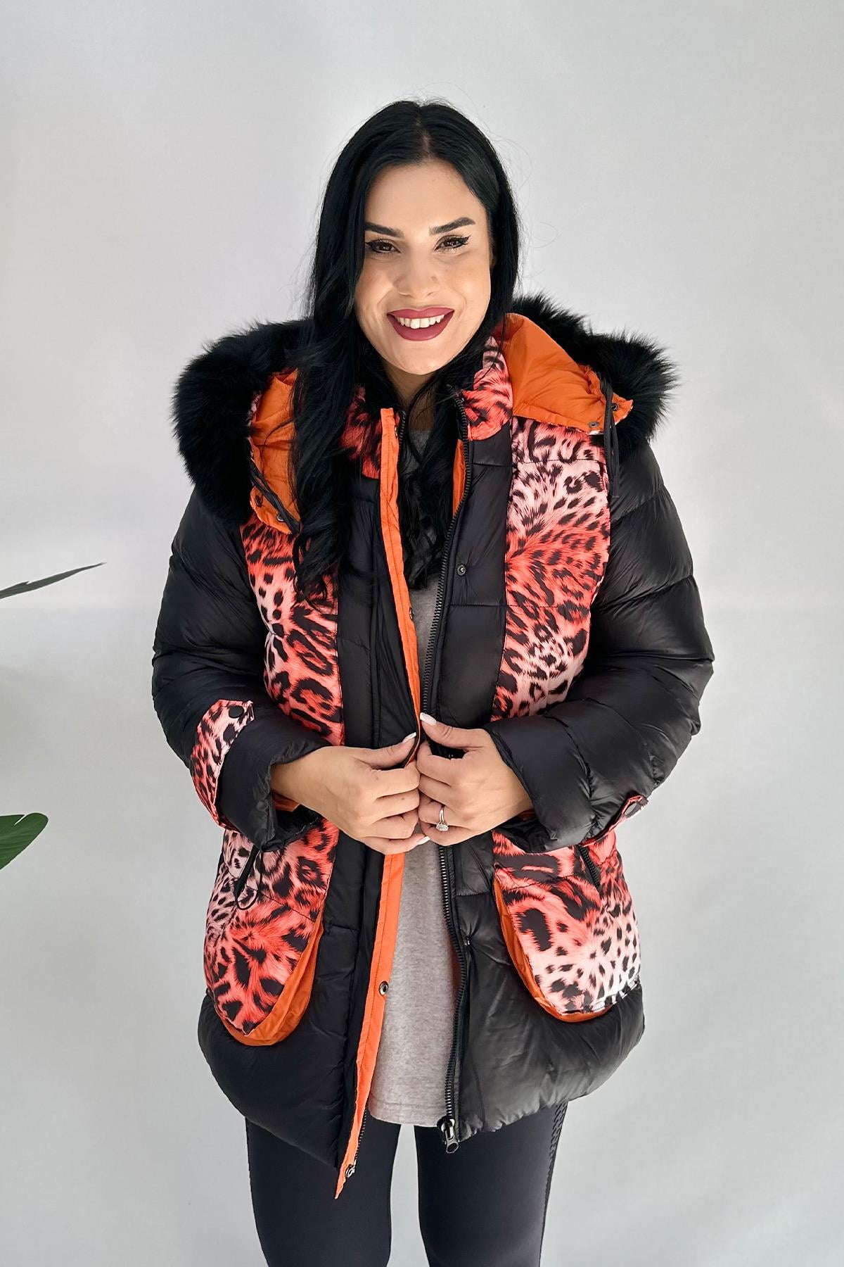 Leopar Desenli Büyük Beden Mont - Turuncu