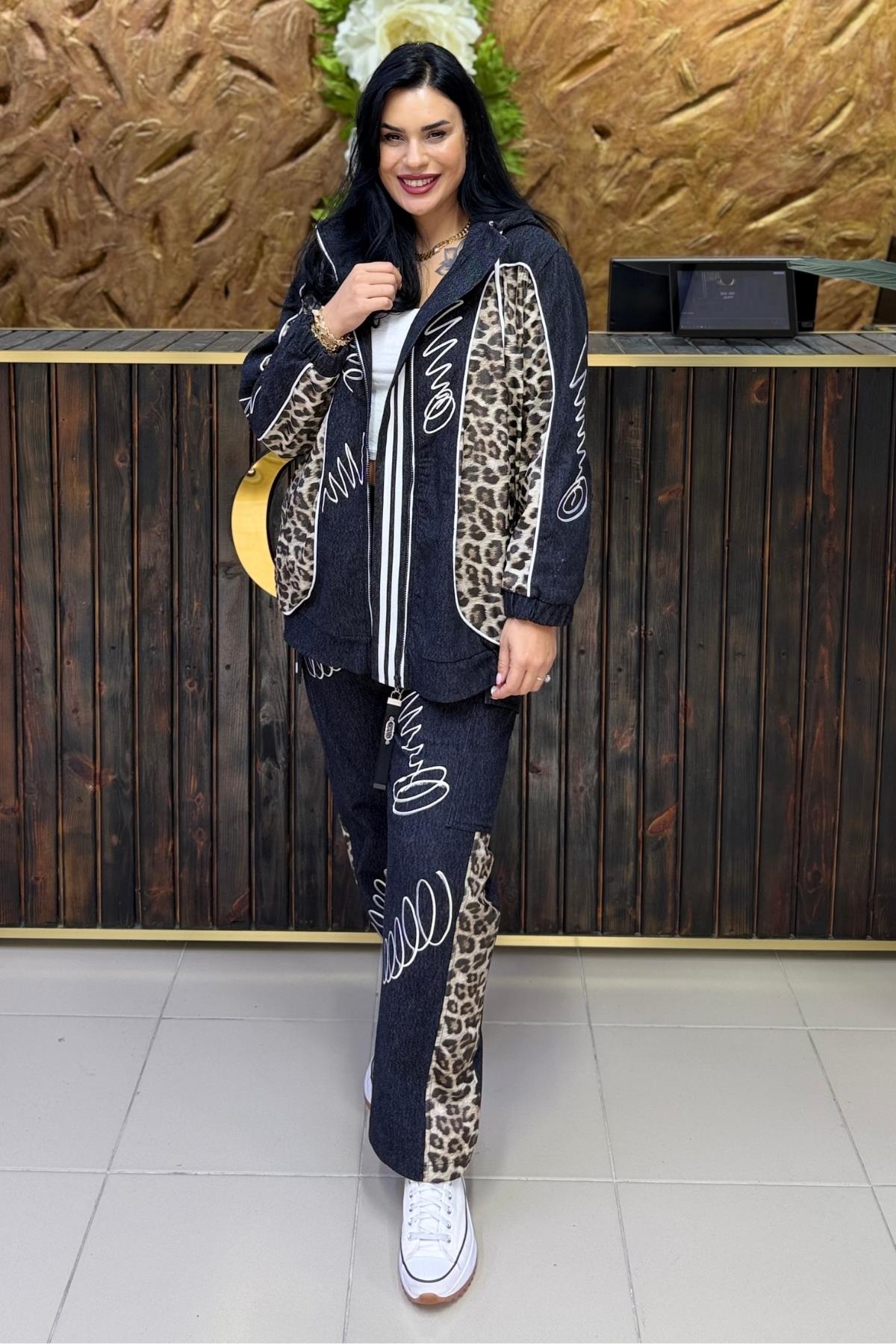 LEOPAR DETAYLI JEAN BÜYÜK BEDEN TAKIM
