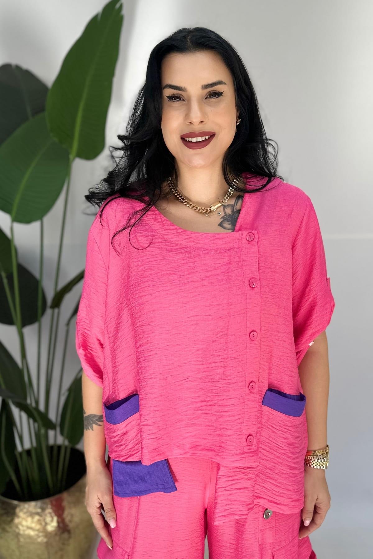 MOR CEP DETAYLI FUŞYA KETEN BLUZ