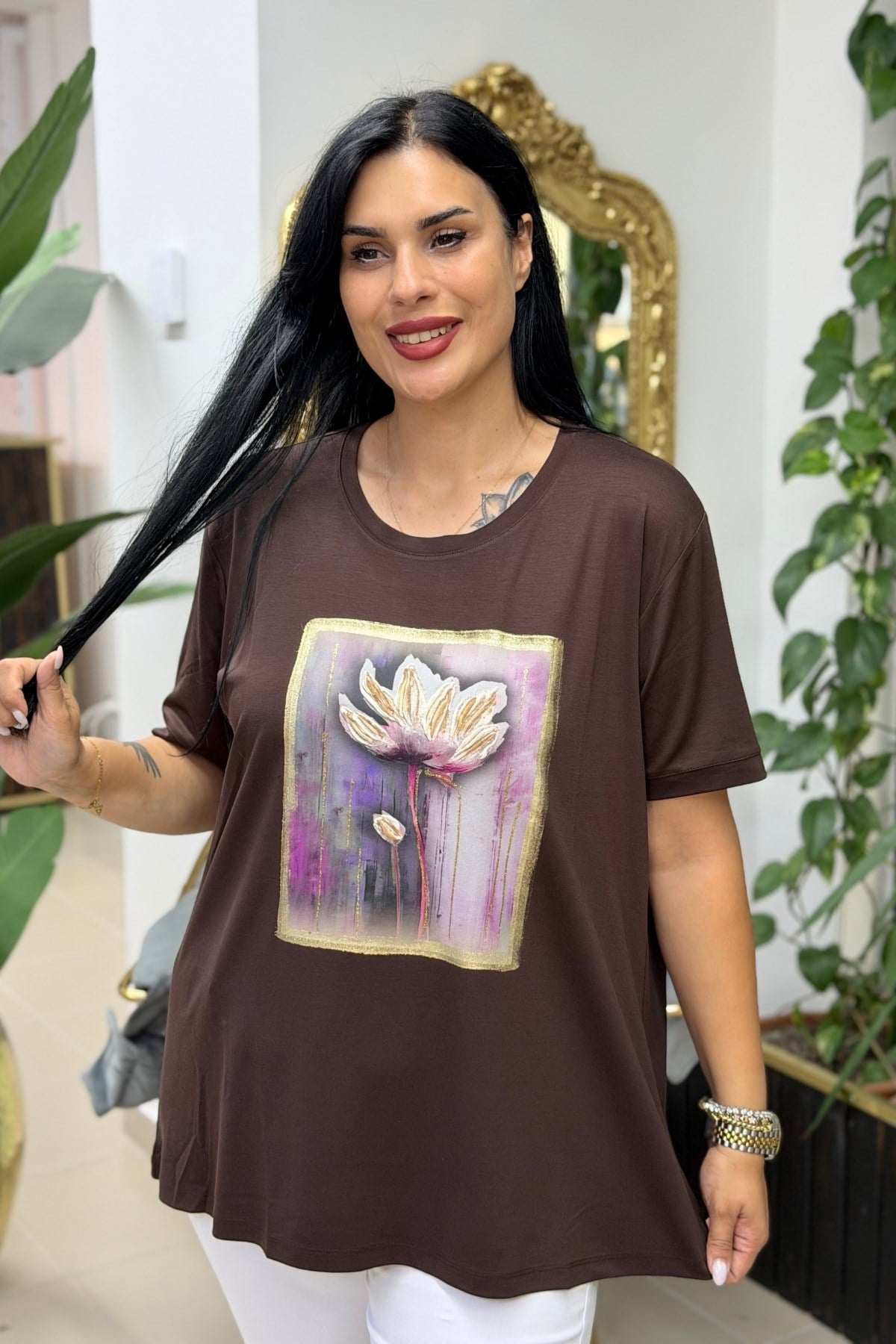 PAMUKLU BİSİKLET YAKA EL YAPIM BLUZ - ACI KAVE