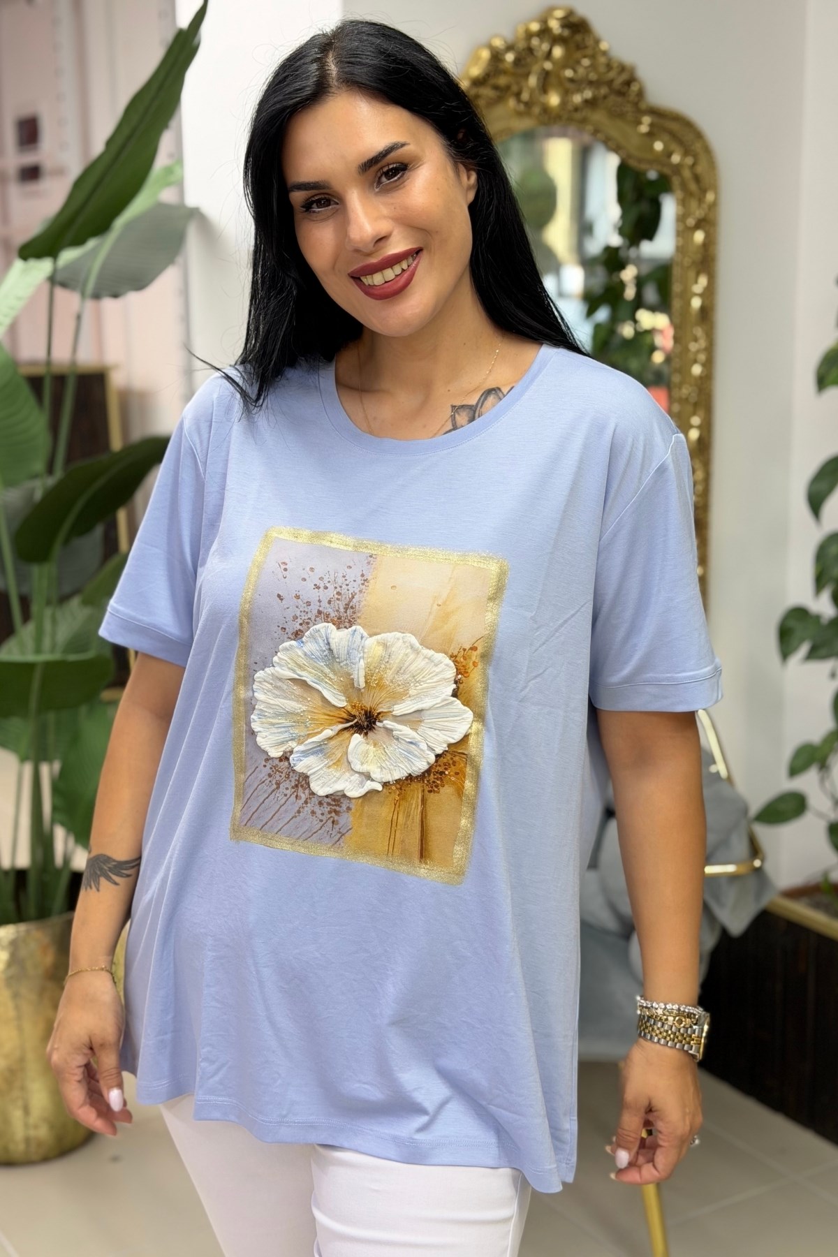 PAMUKLU BİSİKLET YAKA EL YAPIM BLUZ - MAVİ