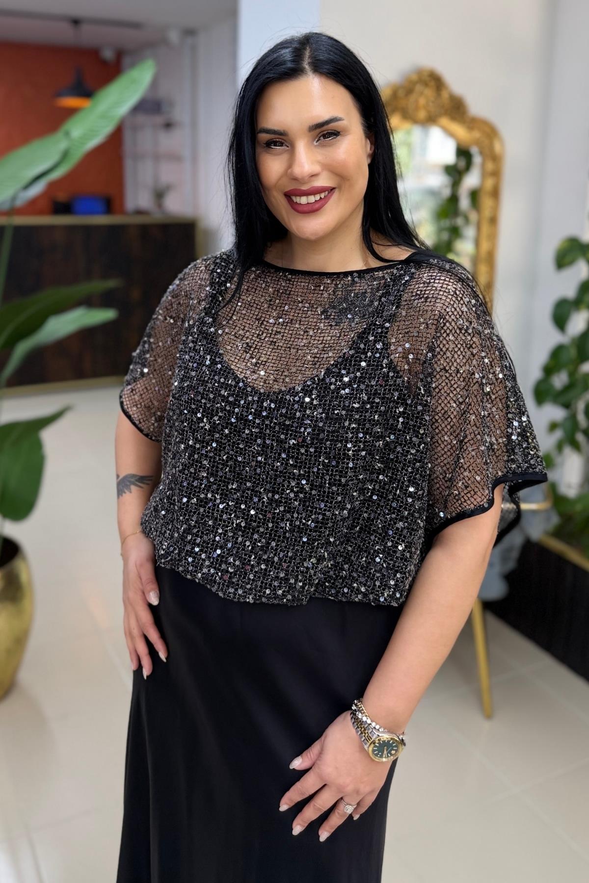 PAYET FİLELİ PAMUK SATEN BÜYÜK BEDEN ELBİSE