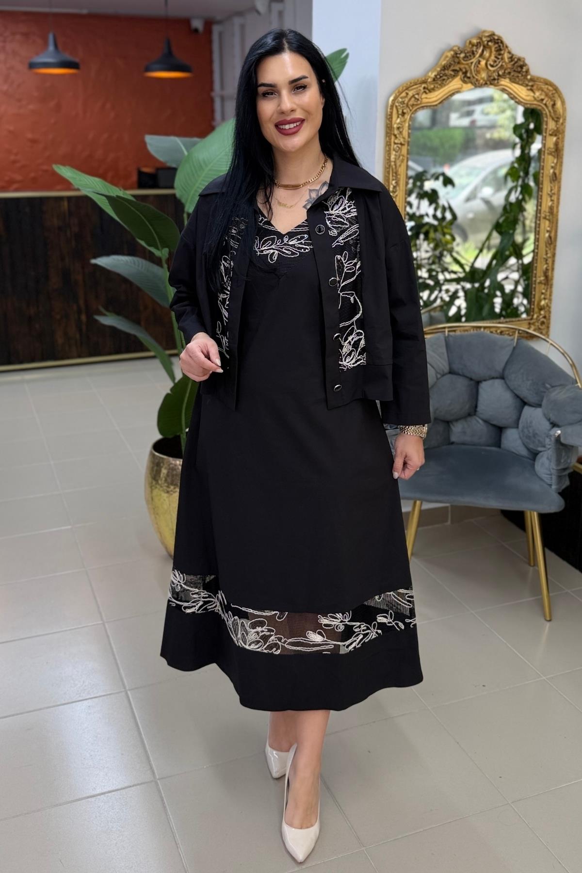 PUL VE NAKIŞ İŞLEMELİ FİLE DETAYLI CEKETLİ ELBİSE