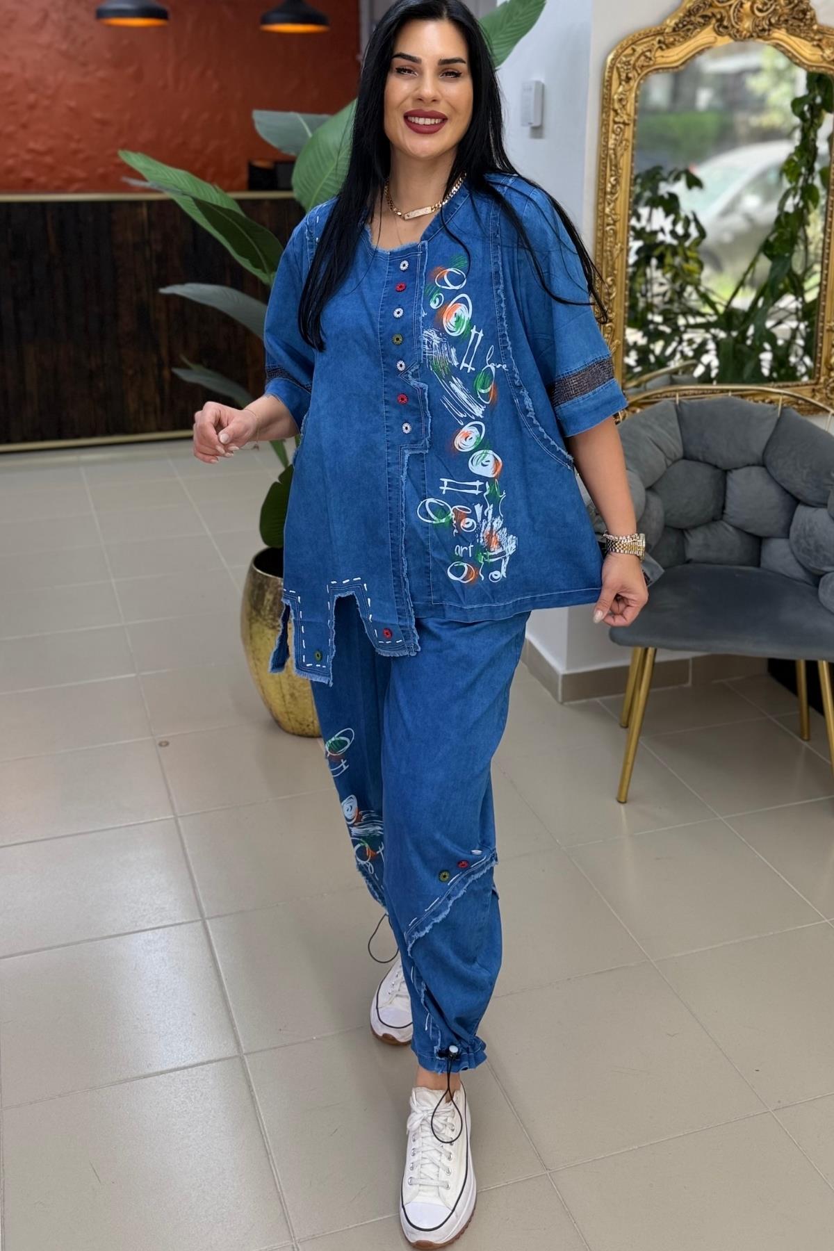 RENKLİ BASKILI TENCEL JEAN BÜYÜK BEDEN TAKIM