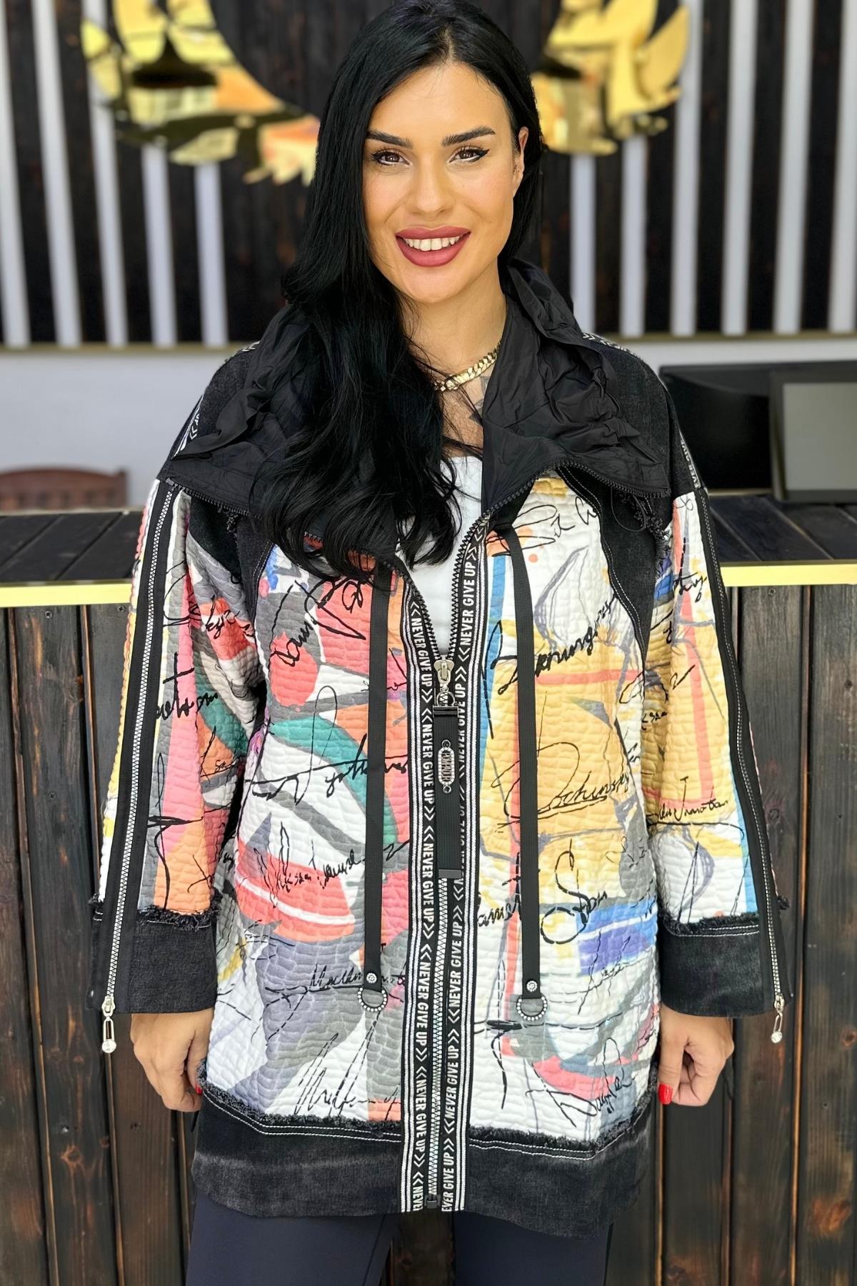 RENKLİ JEAN DETAYLI TASARIM CEKET BÜYÜK BEDEN