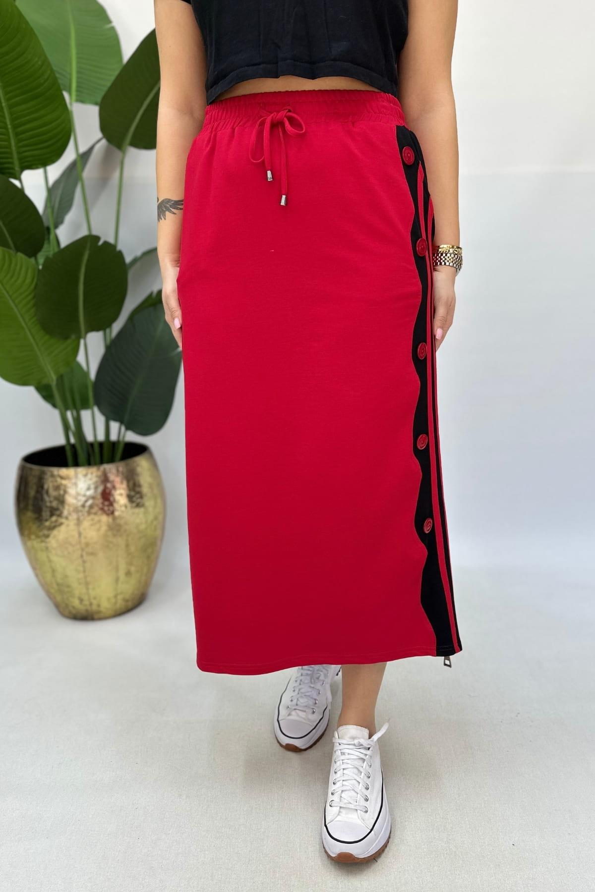 ŞERİTLİ PAMUKLU ETEK BÜYÜK BEDEN- KIRMIZI