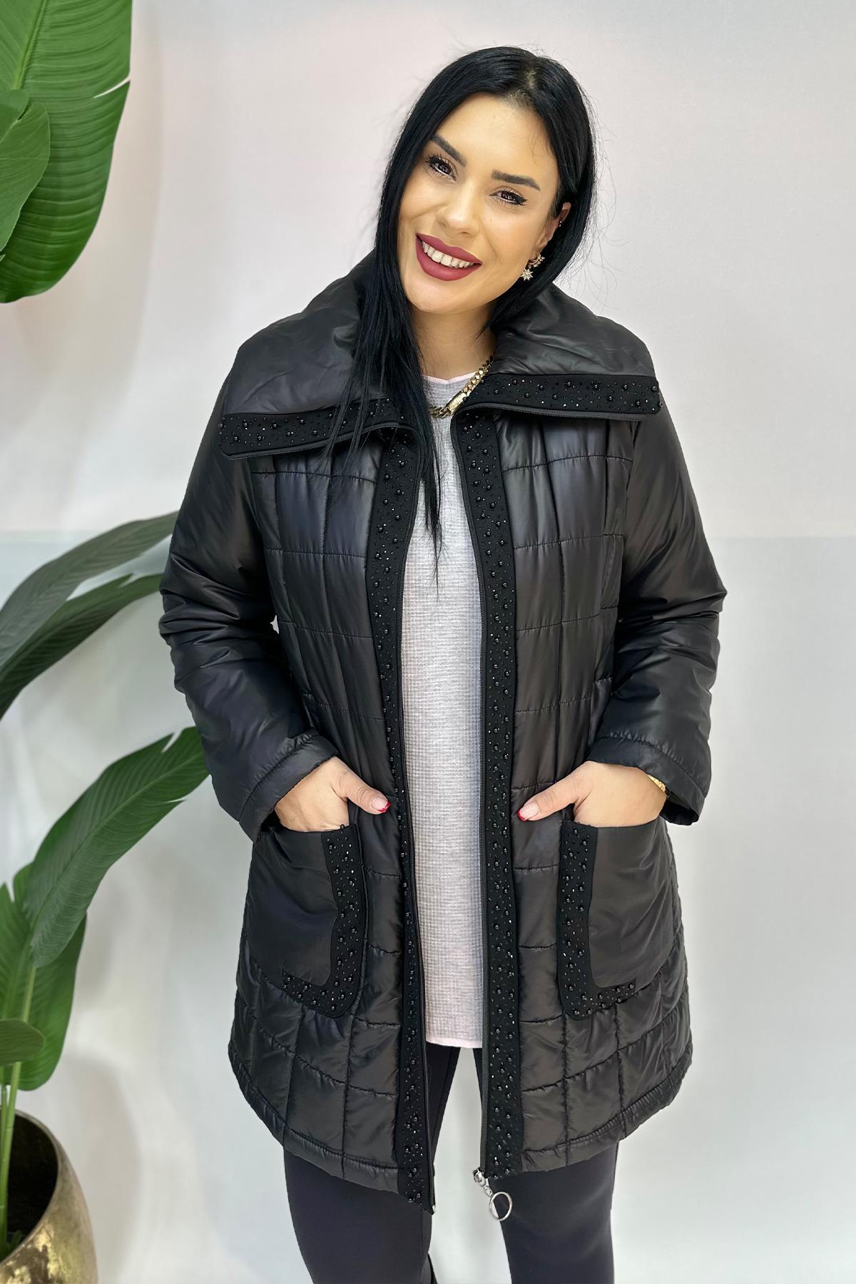 Taş Detaylı Büyük Beden Mont - Siyah
