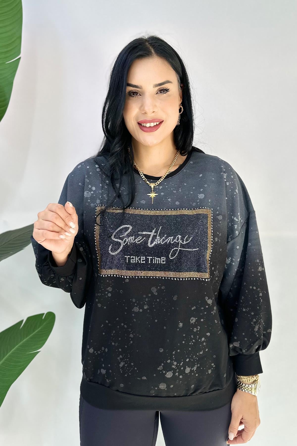 Taşlı Baskılı Büyük Beden Sweatshirt - Antrasit