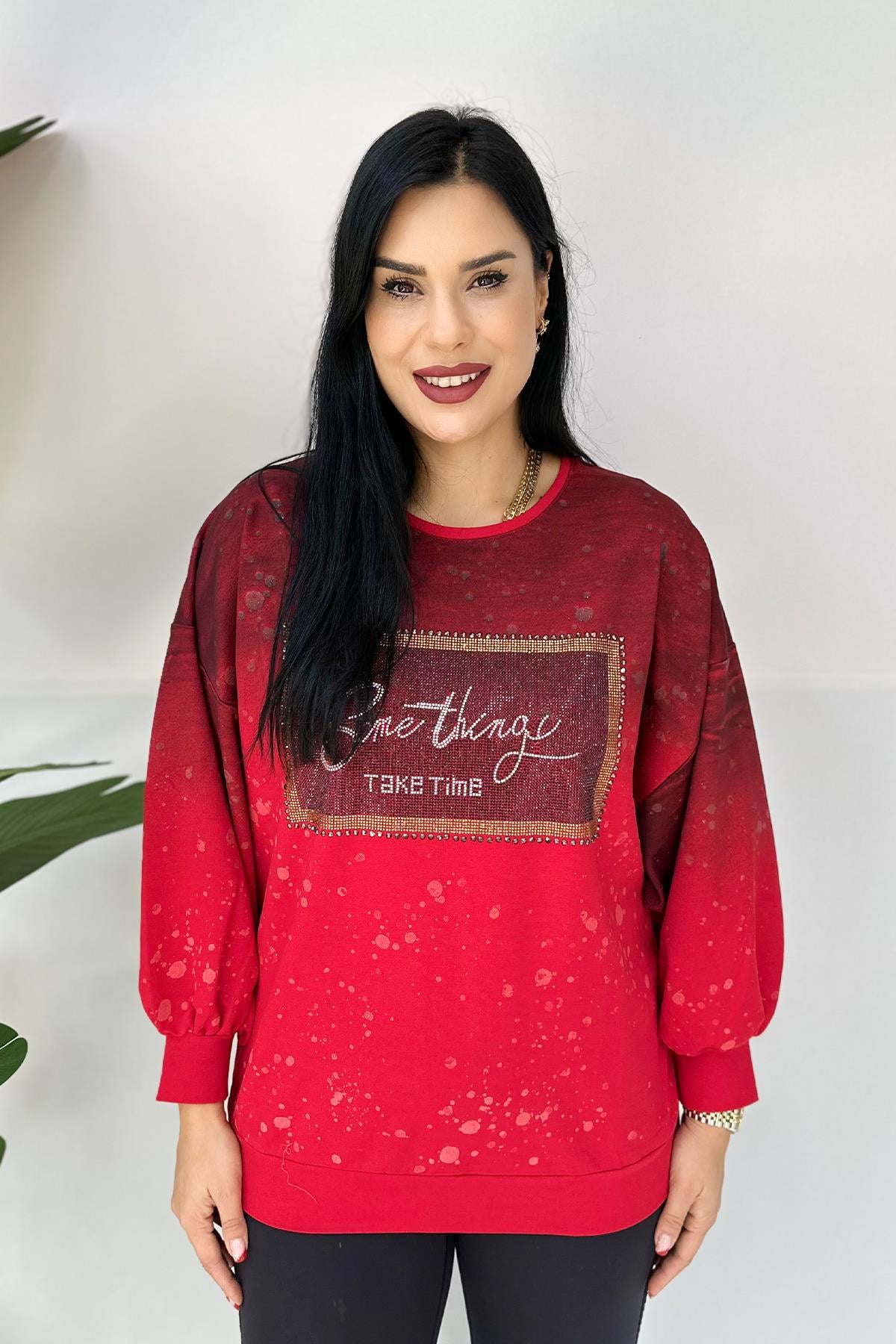 Taşlı Baskılı Büyük Beden Sweatshirt - Kırmızı