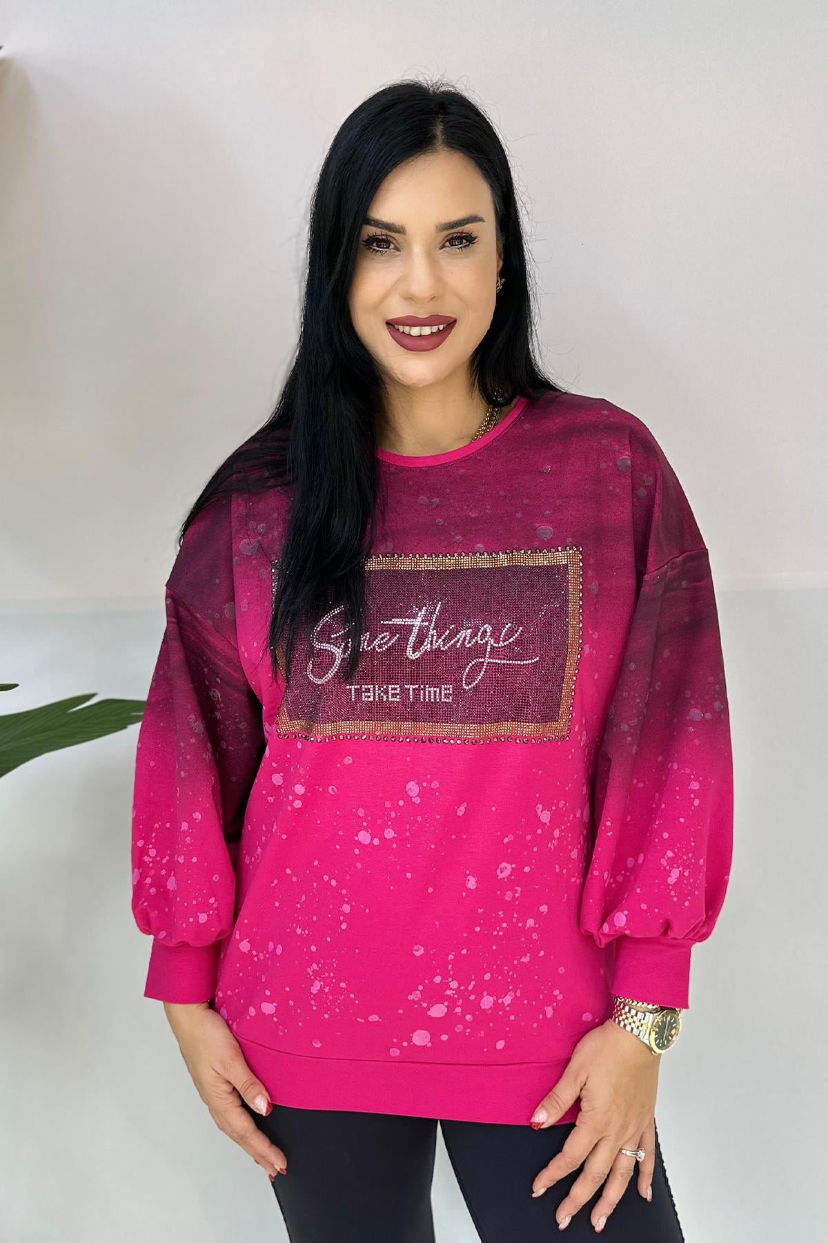 Taşlı Baskılı Büyük Beden Sweatshirt - Pembe