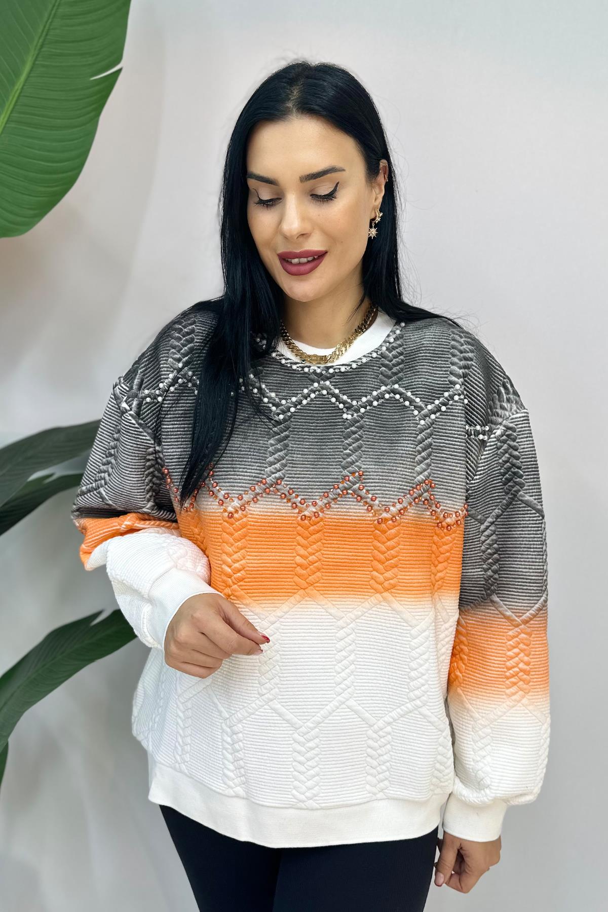 Taşlı Renkli Büyük Beden Sweatshirt - Beyaz