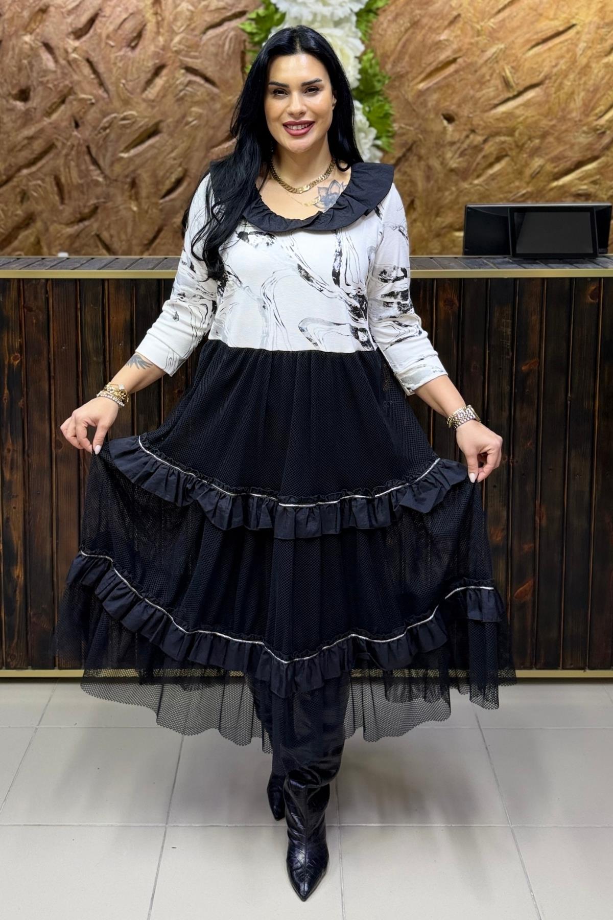 TRİKOLU MAXİ BÜYÜK BEDEN ELBİSE