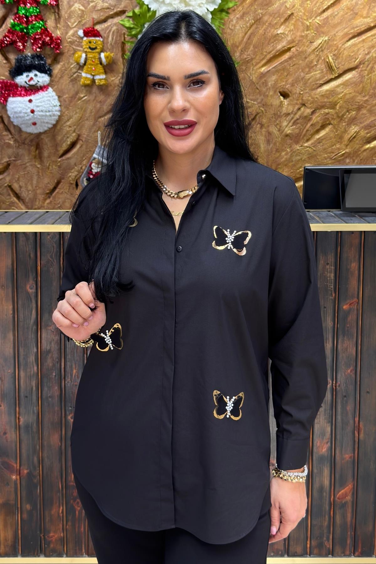 ÜÇ BOYUTLU İNCİ VE KELEBEK DETAYLI BÜYÜK BEDEN GÖMLEK