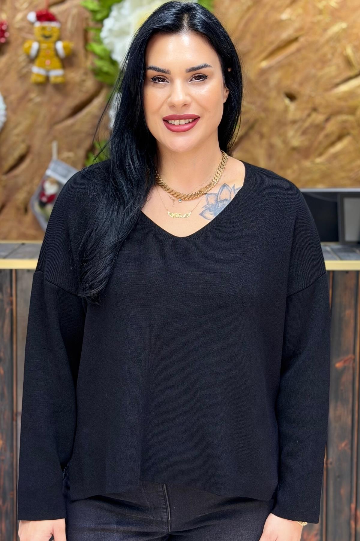 V YAKA BASİC BLUZ SİYAH