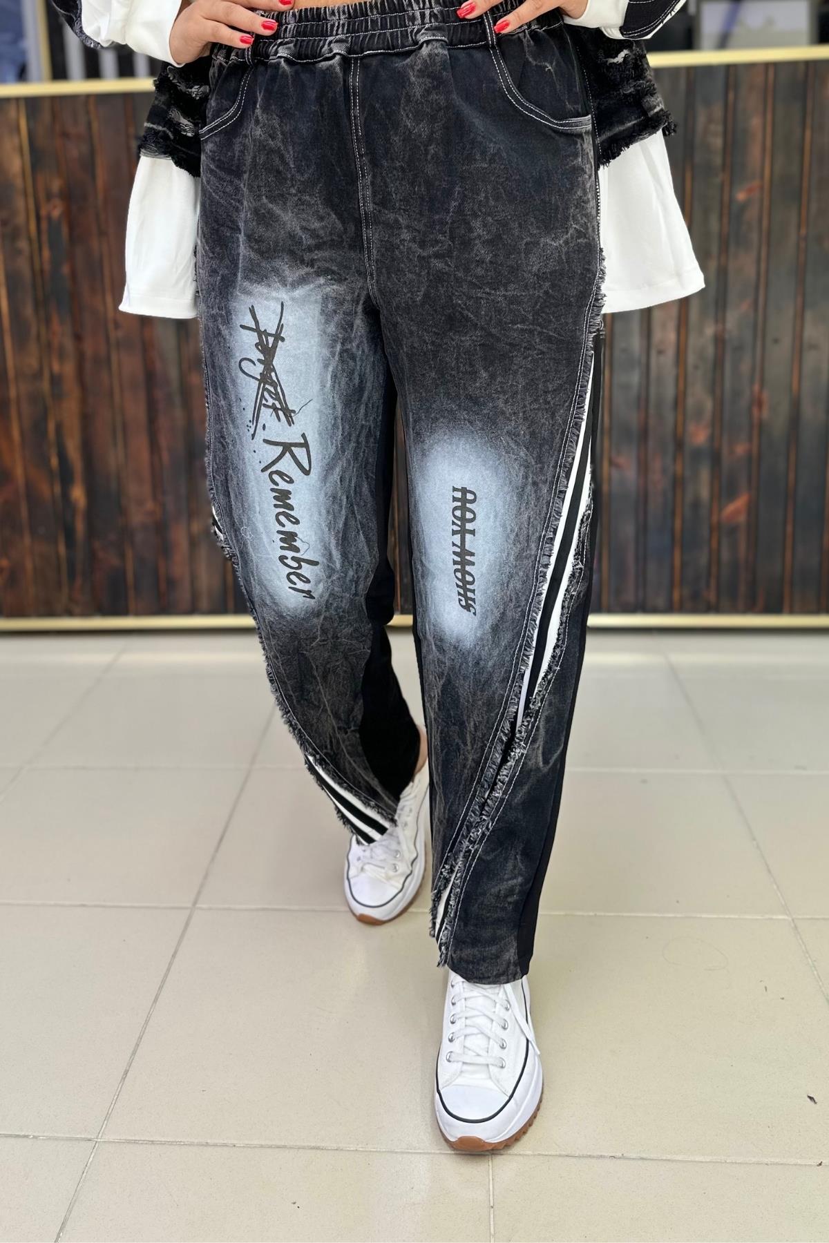 YAZI DETAYLI TAŞLANMIŞ JEAN PANTALON BÜYÜK BEDEN