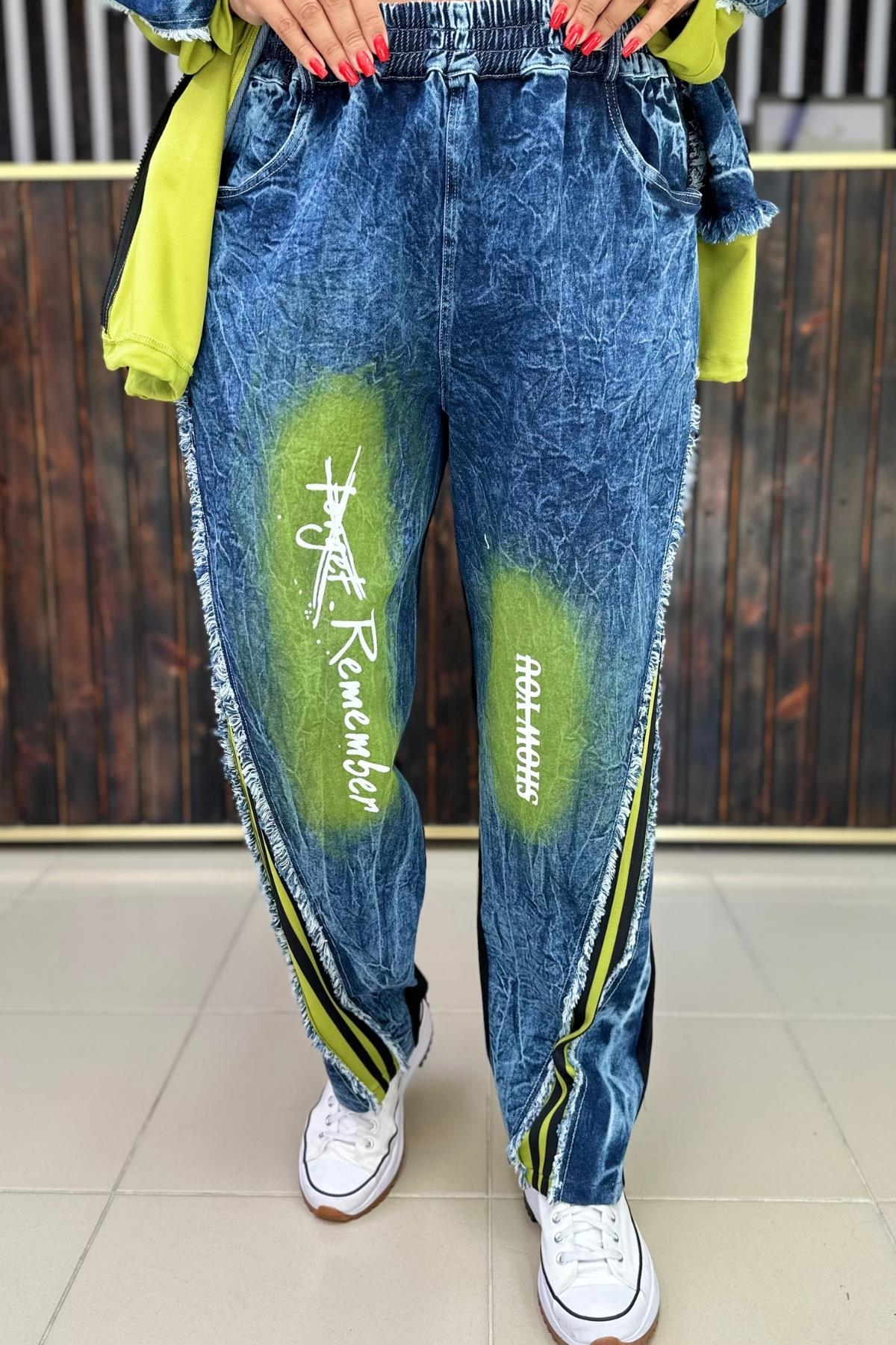 YAZI DETAYLI TAŞLANMIŞ JEAN PANTALON BÜYÜK BEDEN YEŞİL