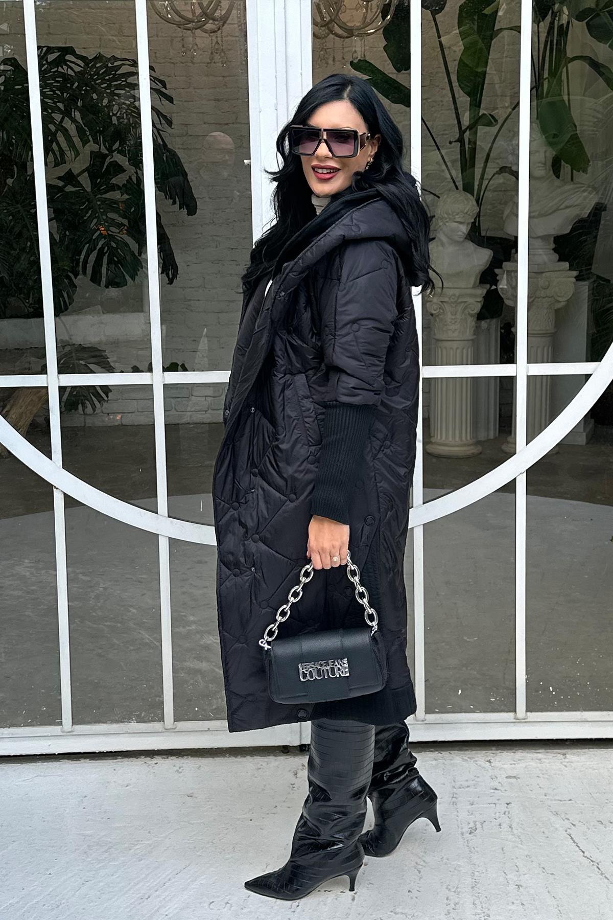 -20 Trikolu Büyük Beden Uzun Mont - Siyah