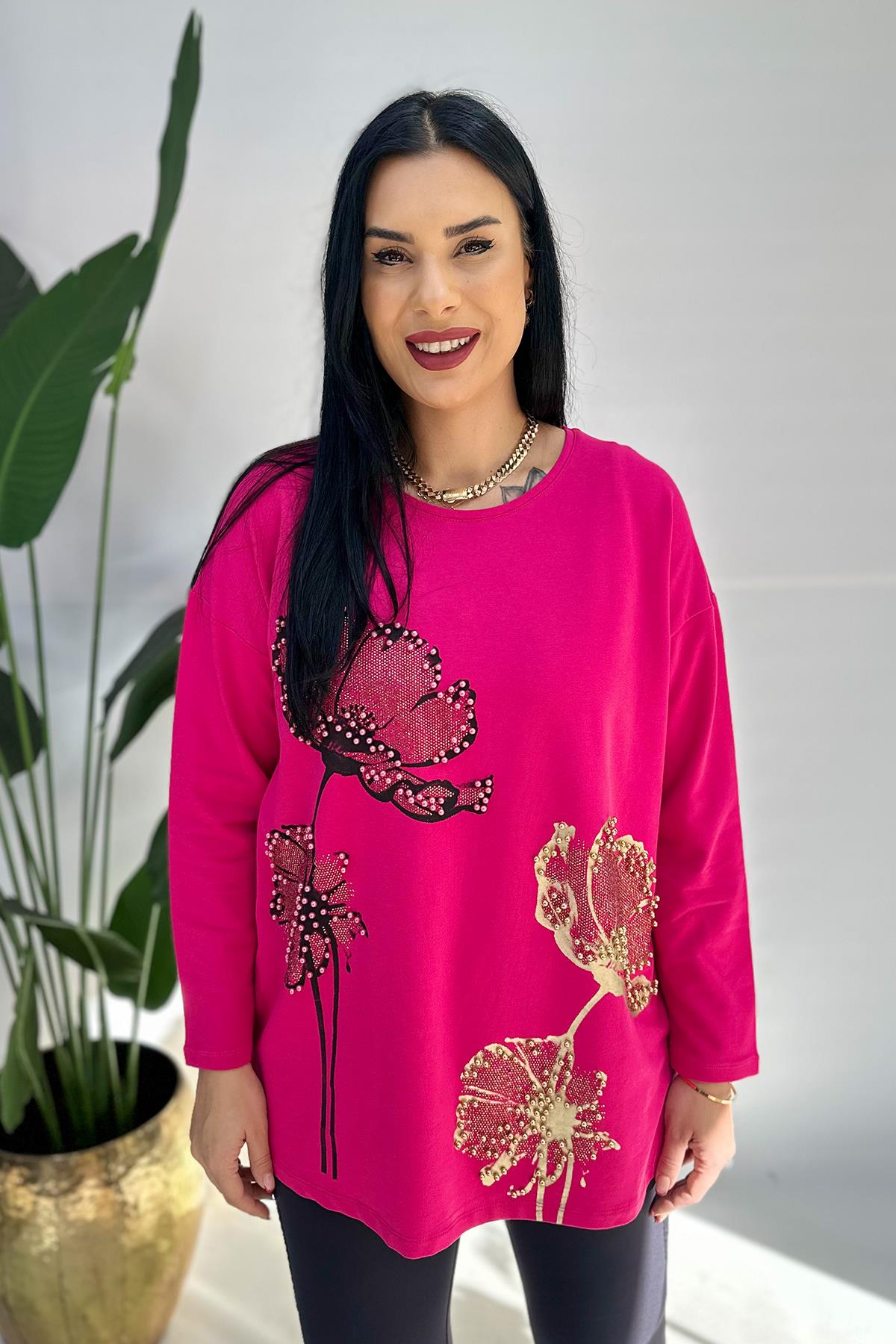 3 Boyutlu Çiçek Nakışlı Taşlı Büyük Beden Sweat - Pembe