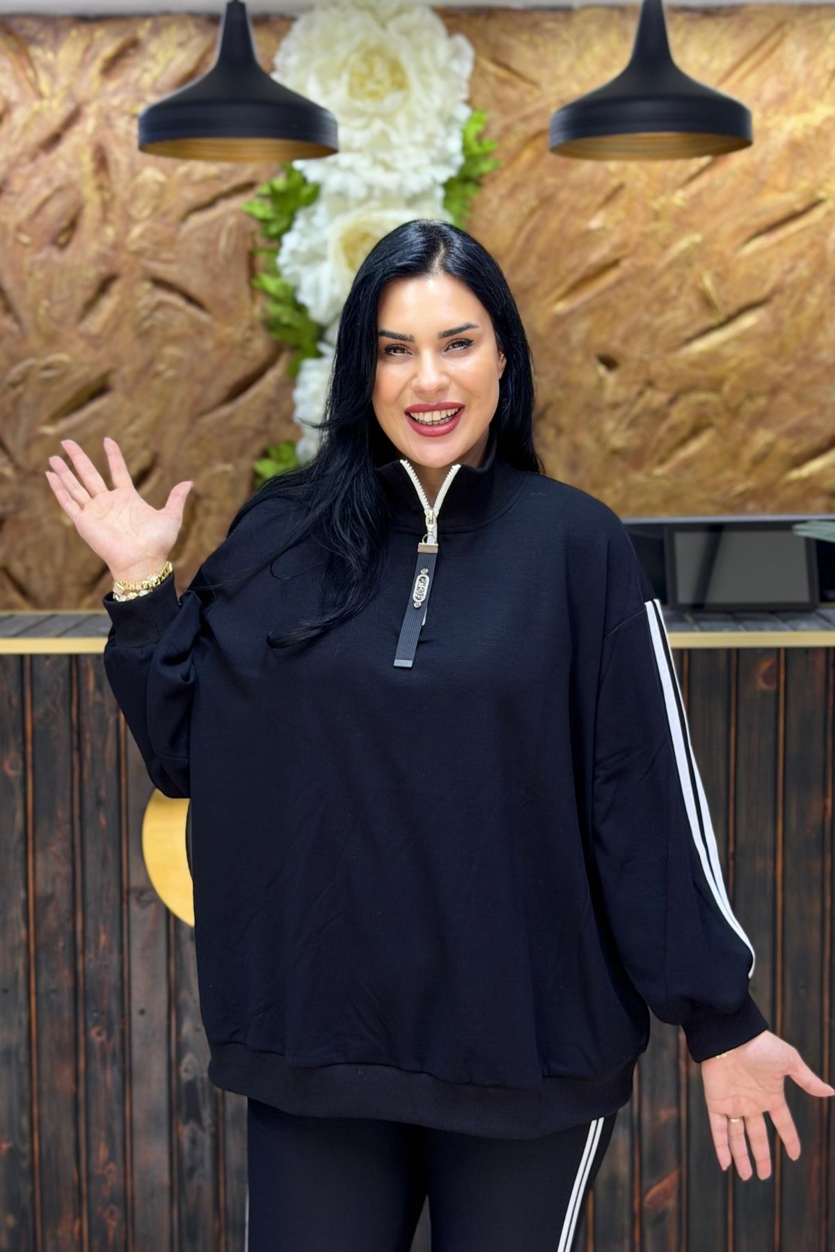 BALIKÇI BEYAZ ŞERİTLİ BÜYÜK BEDEN SWEAT