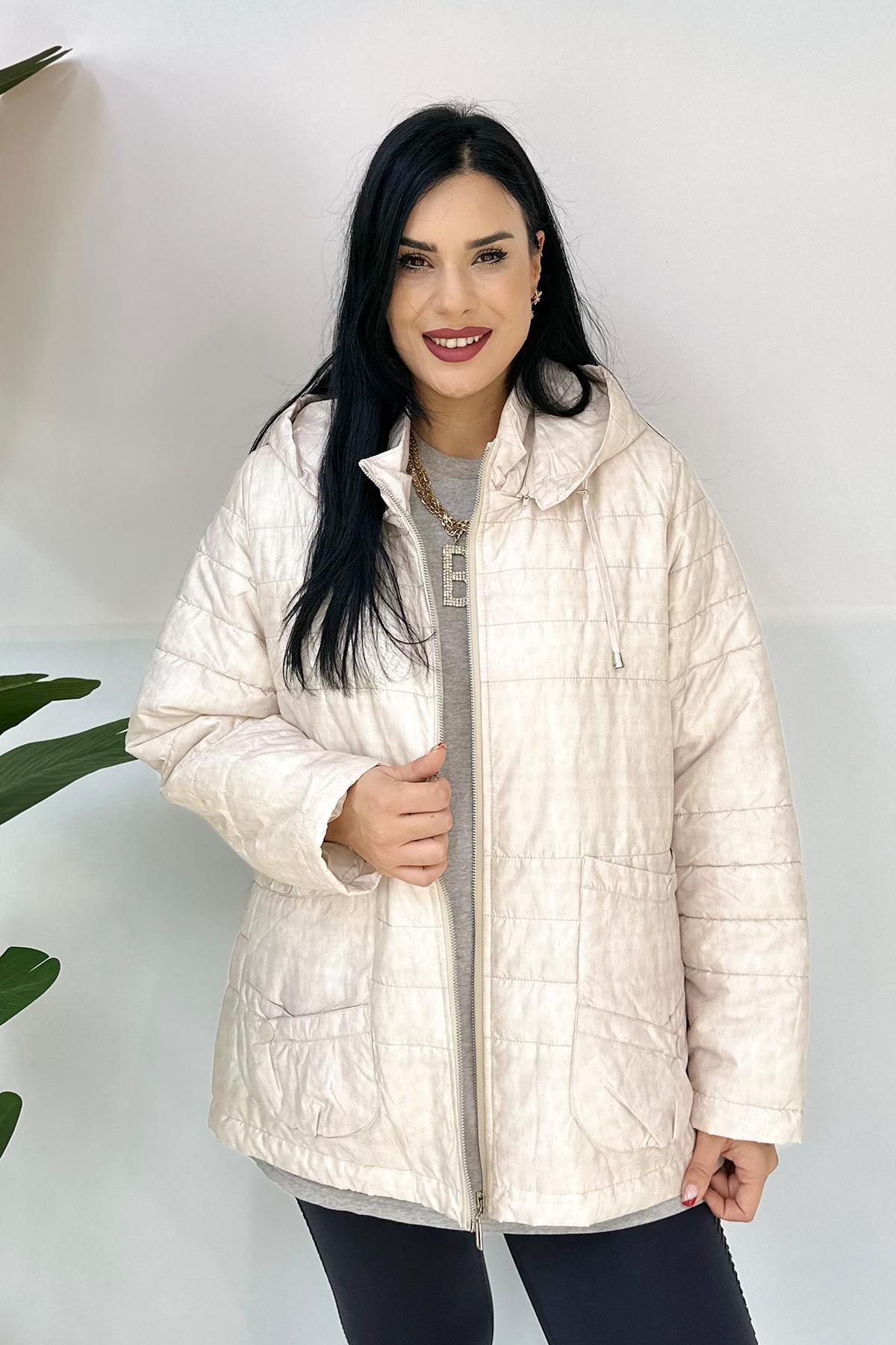 Baskılı Büyük Beden Mont - Bej