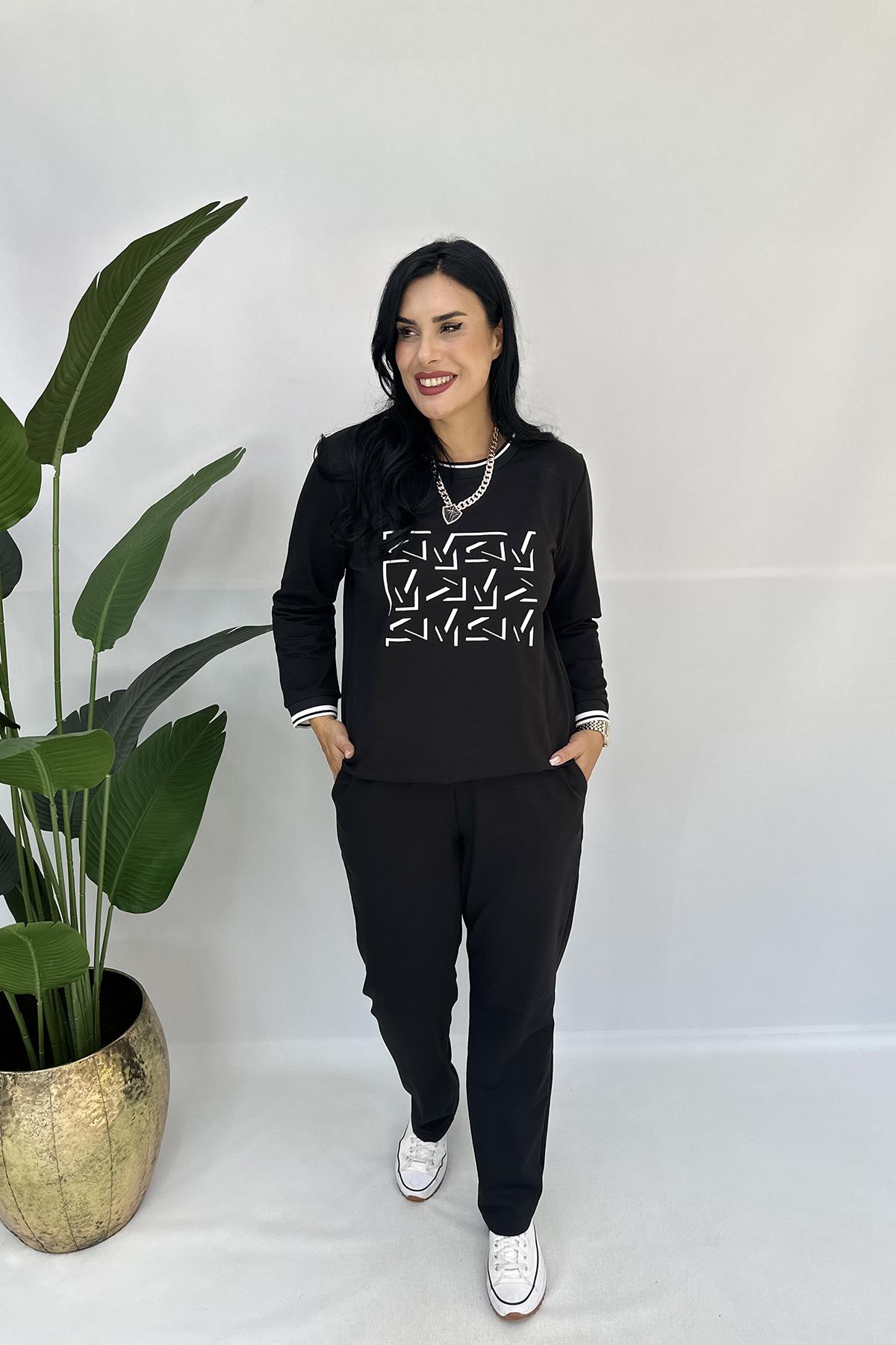 Baskılı Büyük Beden Takım - Siyah