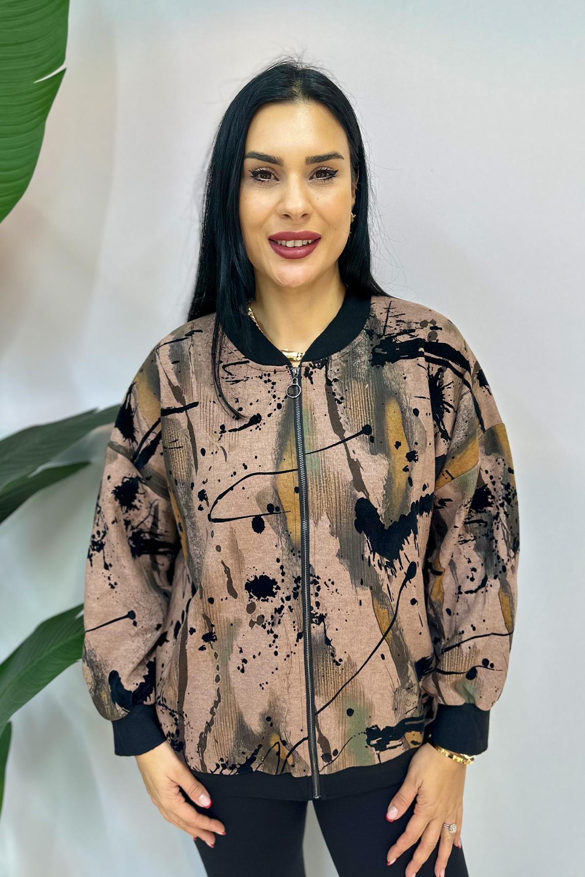 Baskılı Fermuarlı Büyük Beden Sweatshirt - Kahve