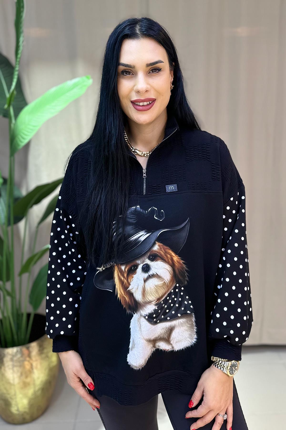 Benekli Baskılı Büyük Beden Sweatshirt - Siyah