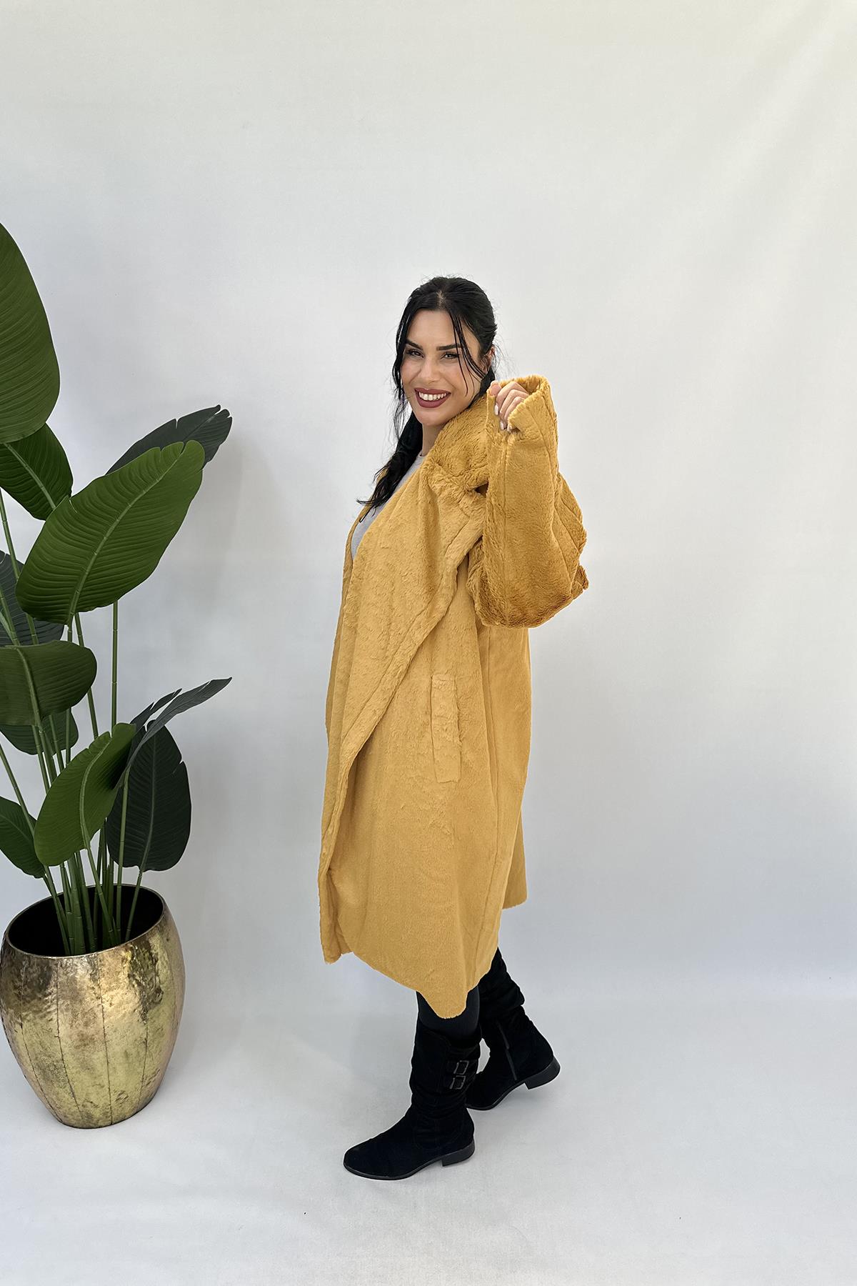 Büyük Beden -20 Peluş Kürk Kaban - Hardal